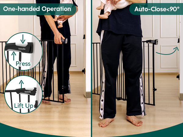 Demonstration of Babelio baby gate one-handed operation and auto-close feature under 90 degrees, showing easy press and lift design for safe and convenient use by parents
