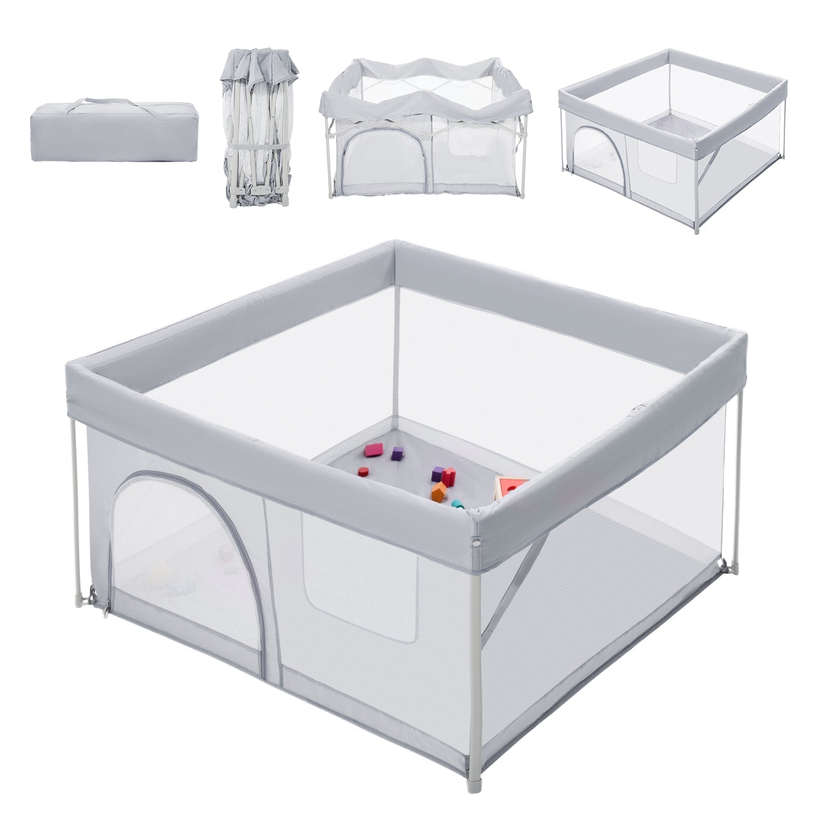 Babelio foldable baby playpen with mesh sides, shown in playroom with toys inside