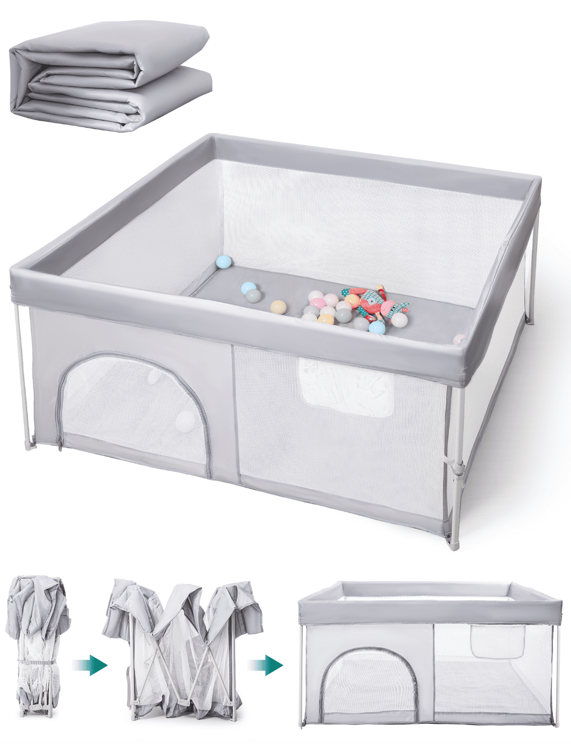 Babelio gray baby playpen with mesh sides, foldable design, and play balls for indoor use