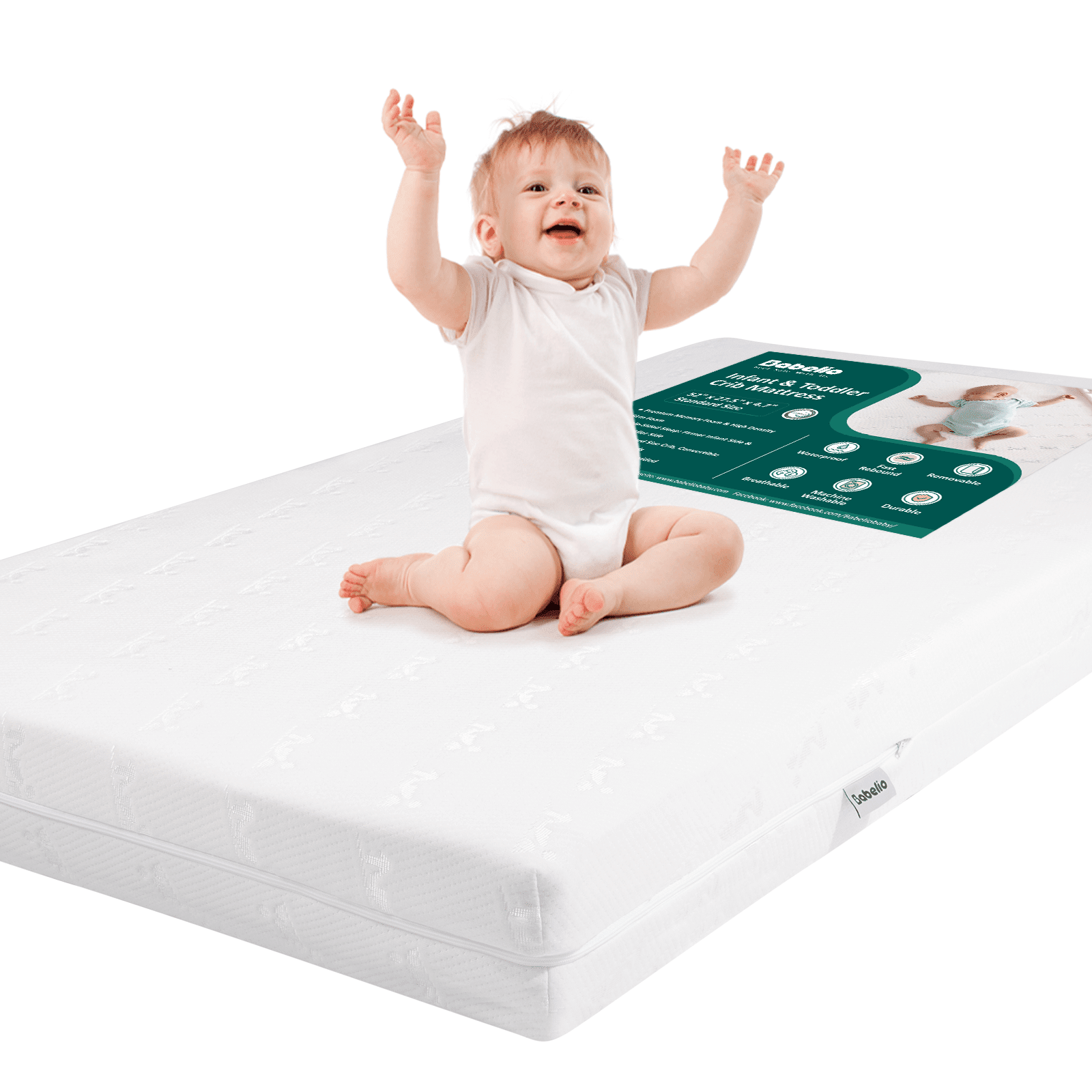 Smiling baby sitting on Babelio dual-sided crib mattress in a nursery setting