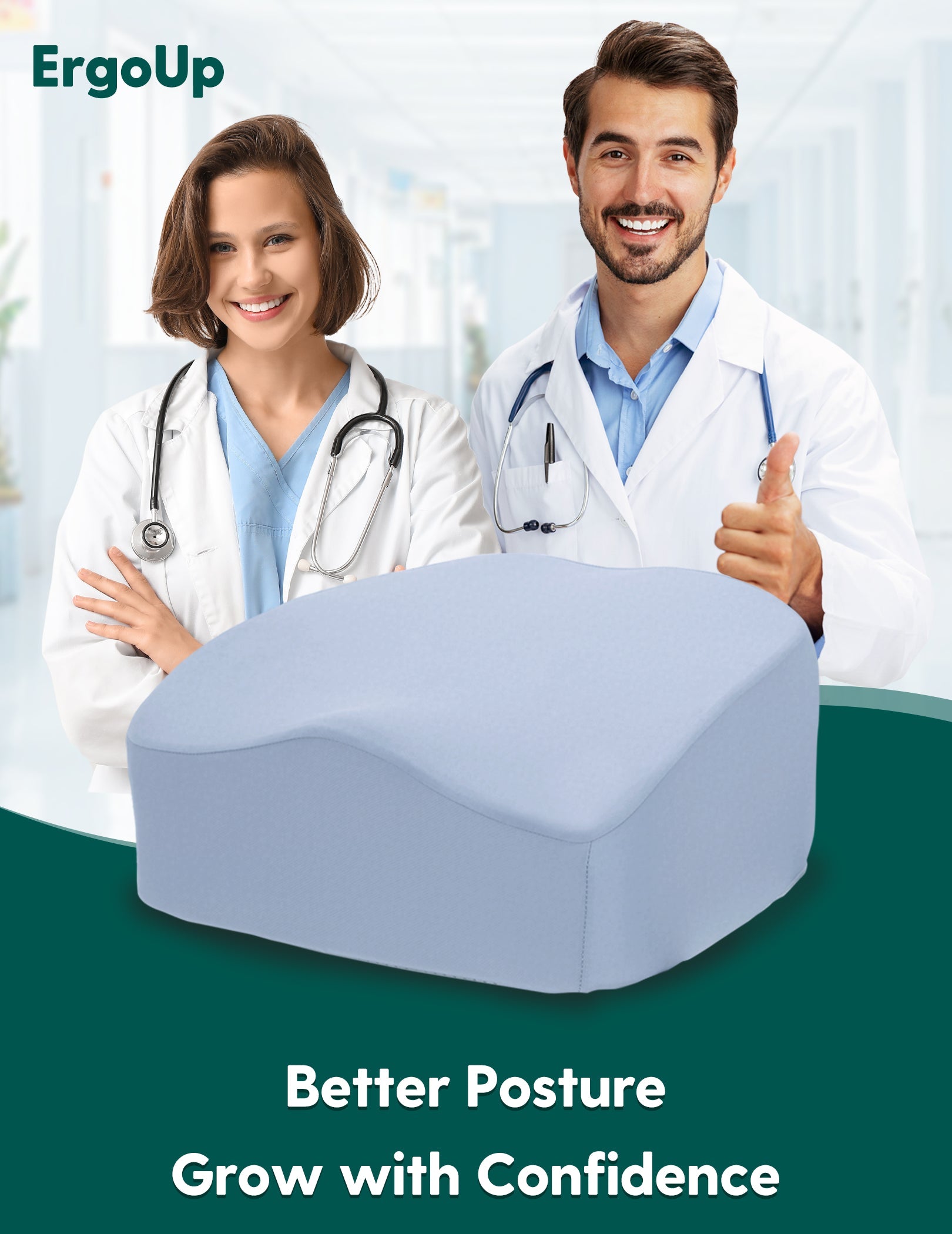 Babelio baby booster seat cushion for dining chair, light blue, shown in a clinical setting