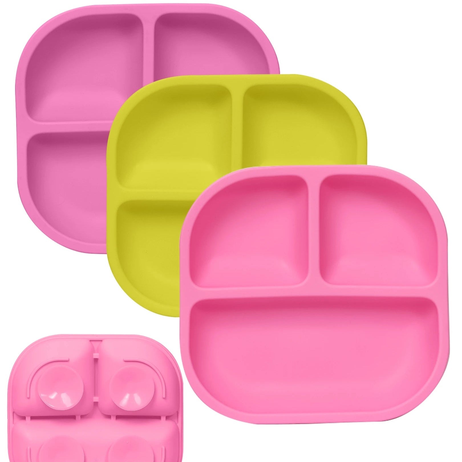 Babelio colorful suction plates for baby and toddler, 3-pack, pink and yellow, divided sections