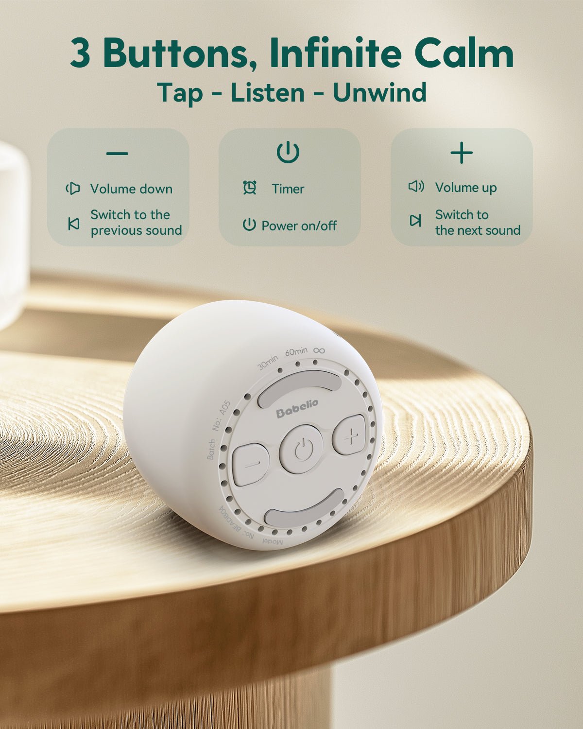 Babelio white noise machine for sleep on a wooden table in a bedroom setting