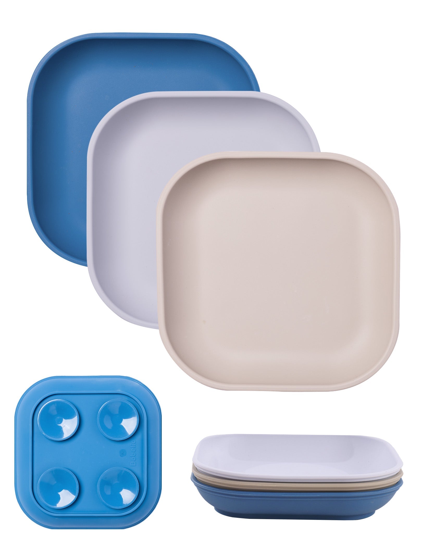 Babelio stackable silicone baby plates in blue and beige, non-slip bottoms, kitchen setting