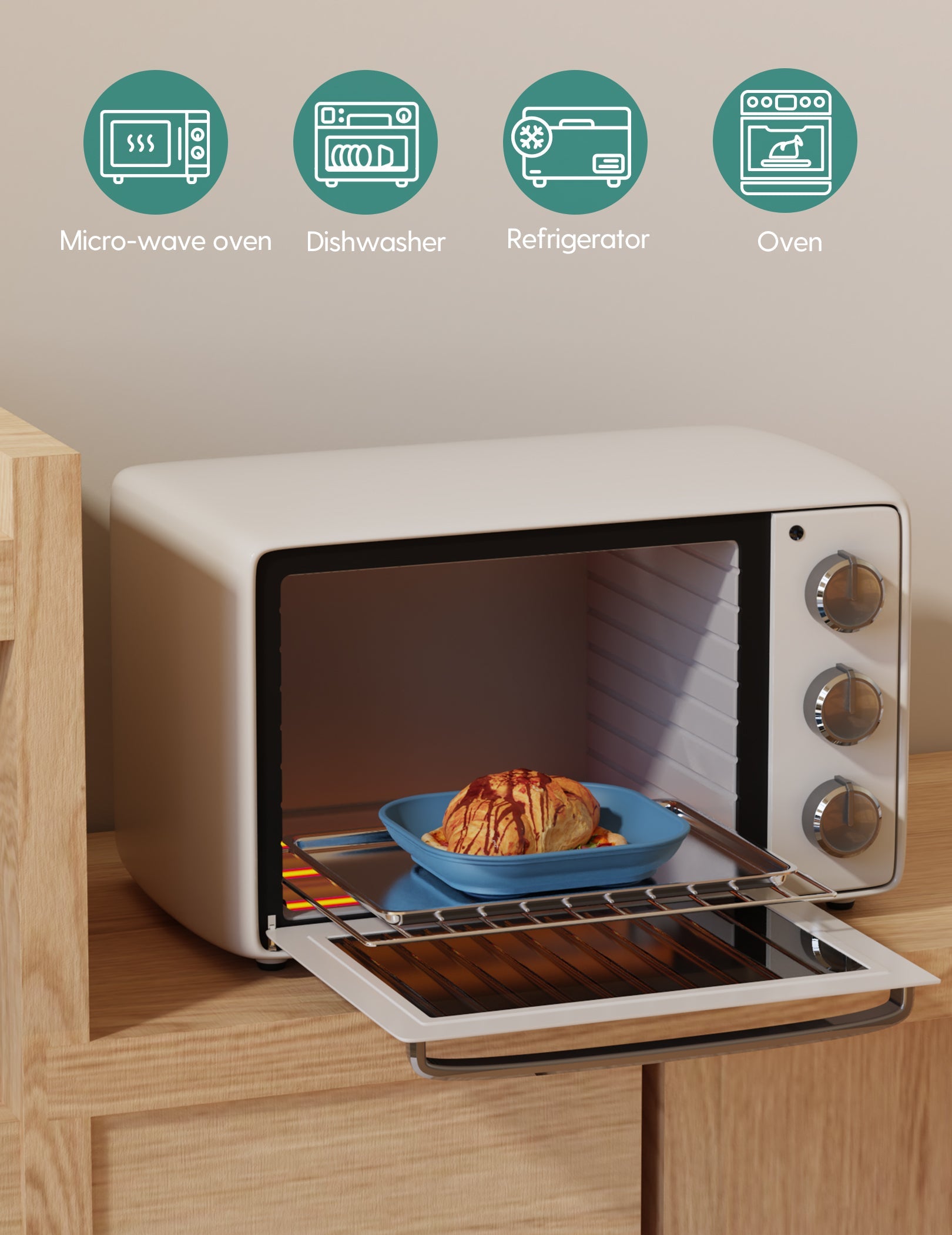 Babelio baby plate in blue, oven safe, on wooden kitchen counter with oven, microwave, and refrigerator icons.