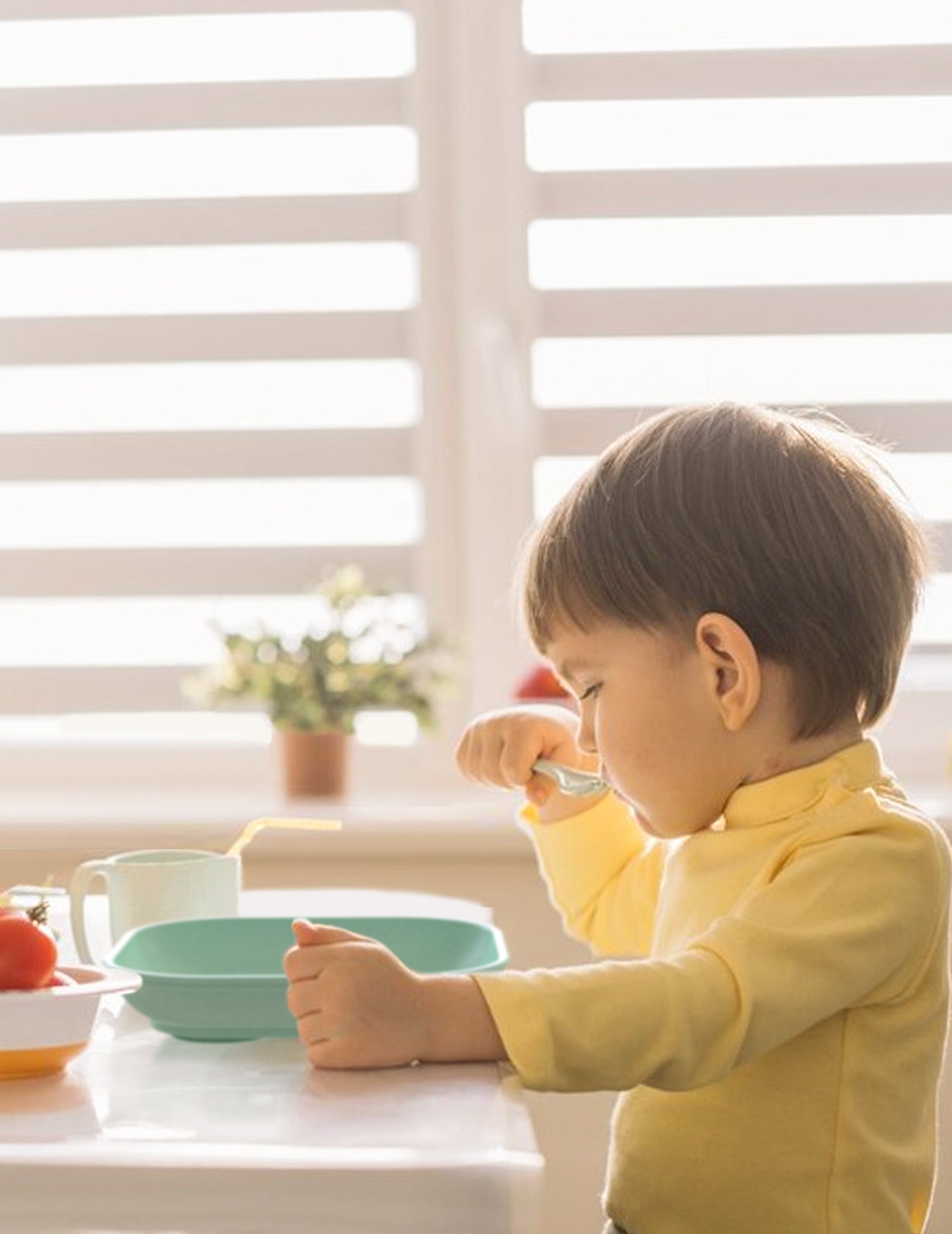 Babelio toddler eating at a kitchen table with bowls near a sunny window