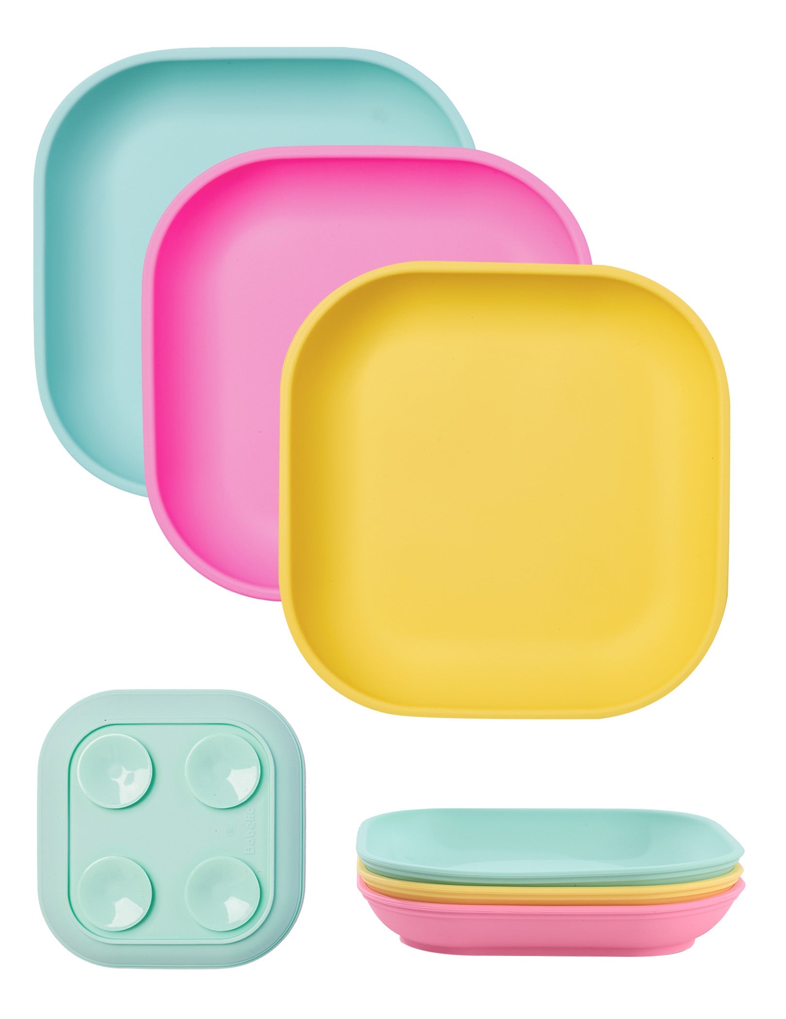 Babelio colorful baby plates set with suction base, ideal for nursery feeding.