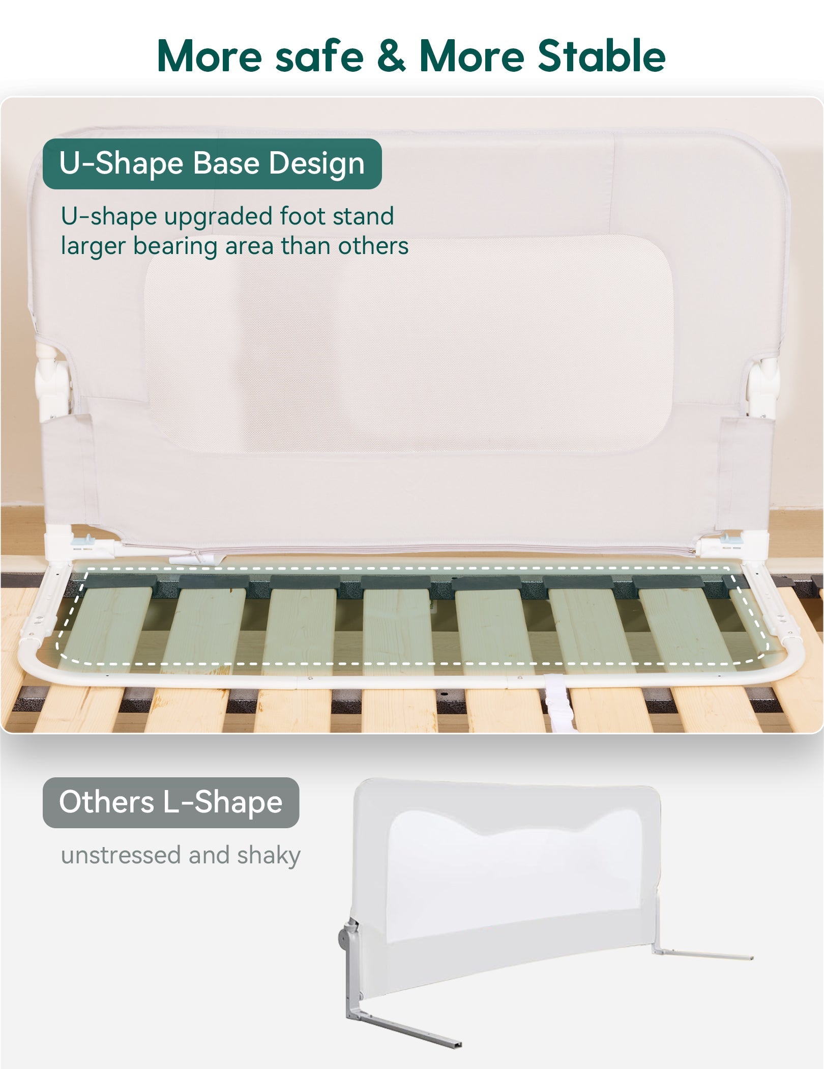 Babelio toddler bed rail with U-shape base design shown in a bedroom, sturdy baby safety gate