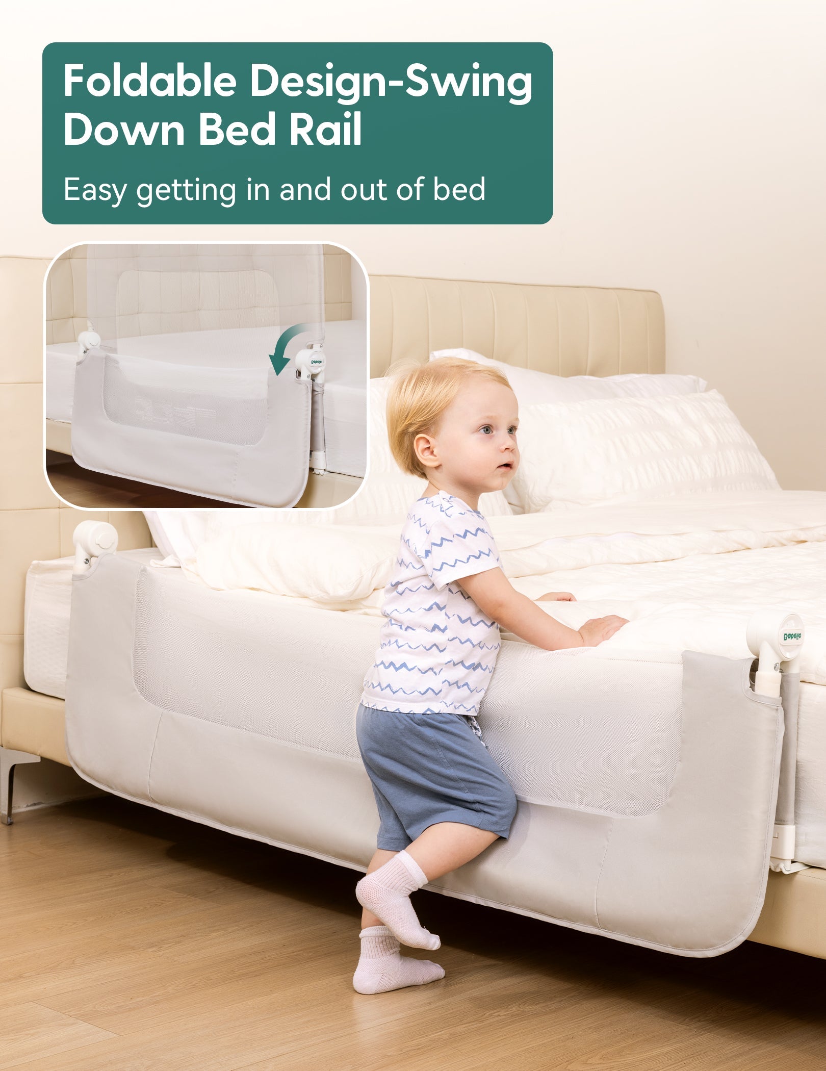 Babelio toddler bed rail with foldable swing-down design in a bedroom, child climbing in