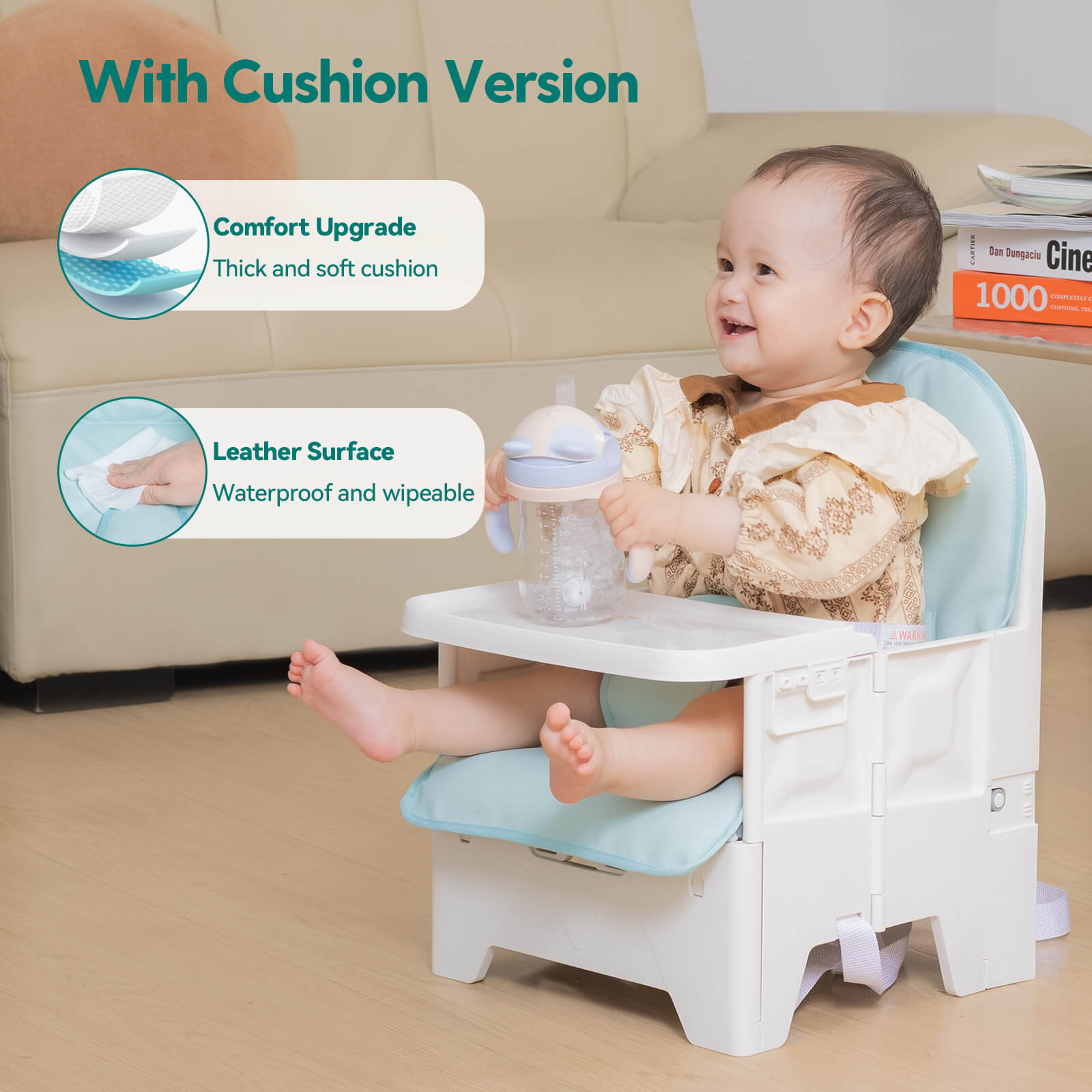 Babelio baby travel chair with cushion, baby seated in living room on floor, white tray.