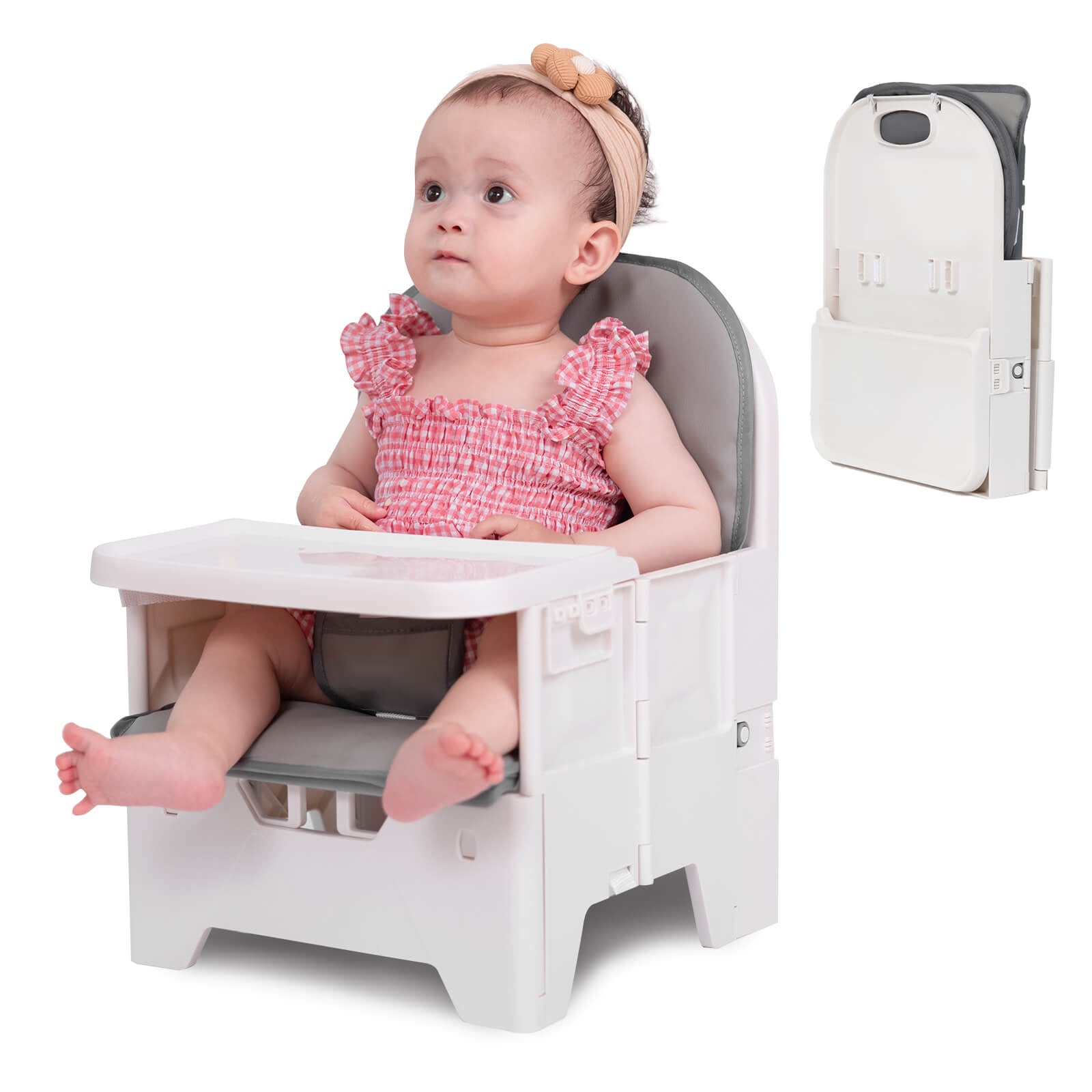 Babelio travel baby chair with tray, compact foldable floor seat, shown in use by toddler