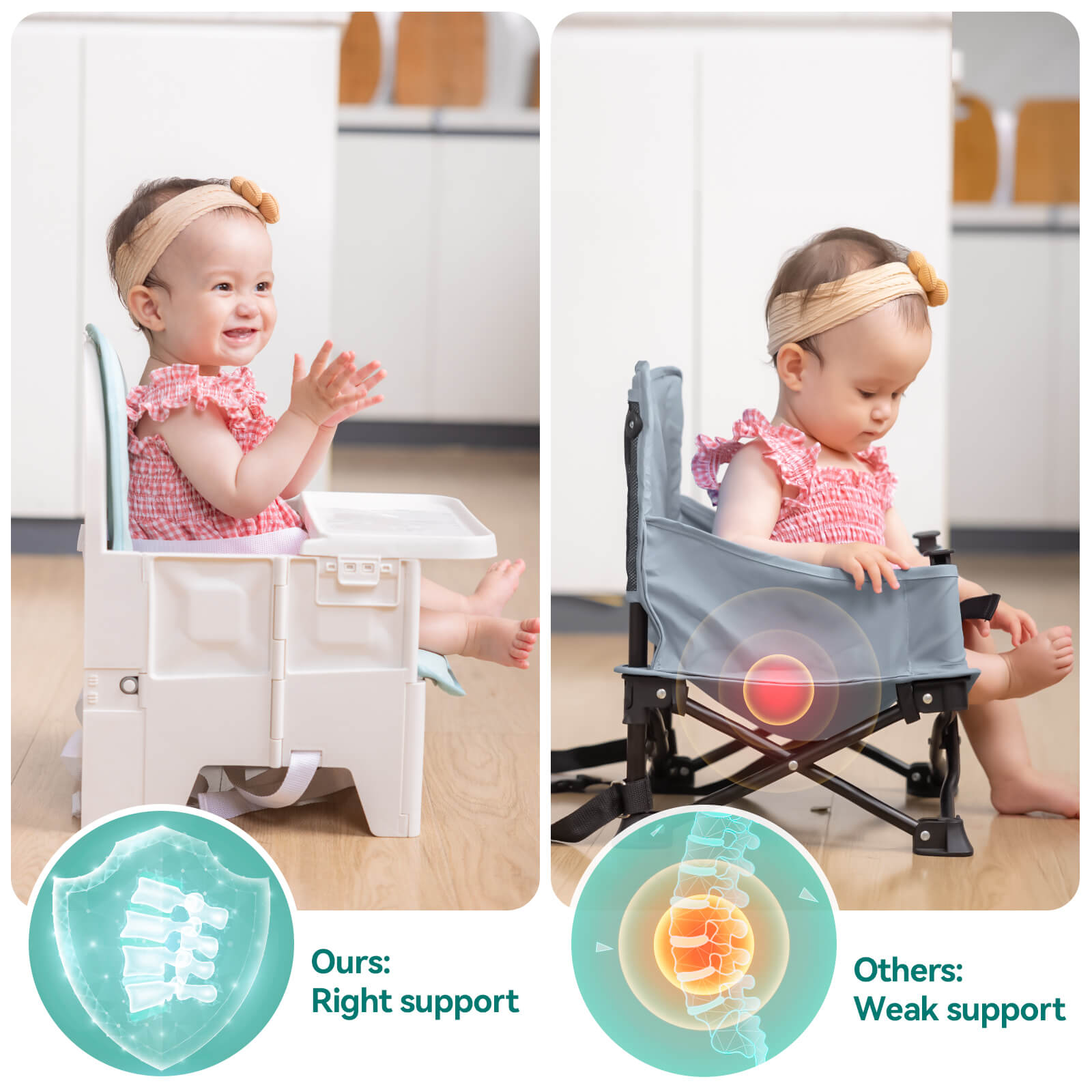 Babelio travel baby chair with upright posture support in a modern kitchen setting