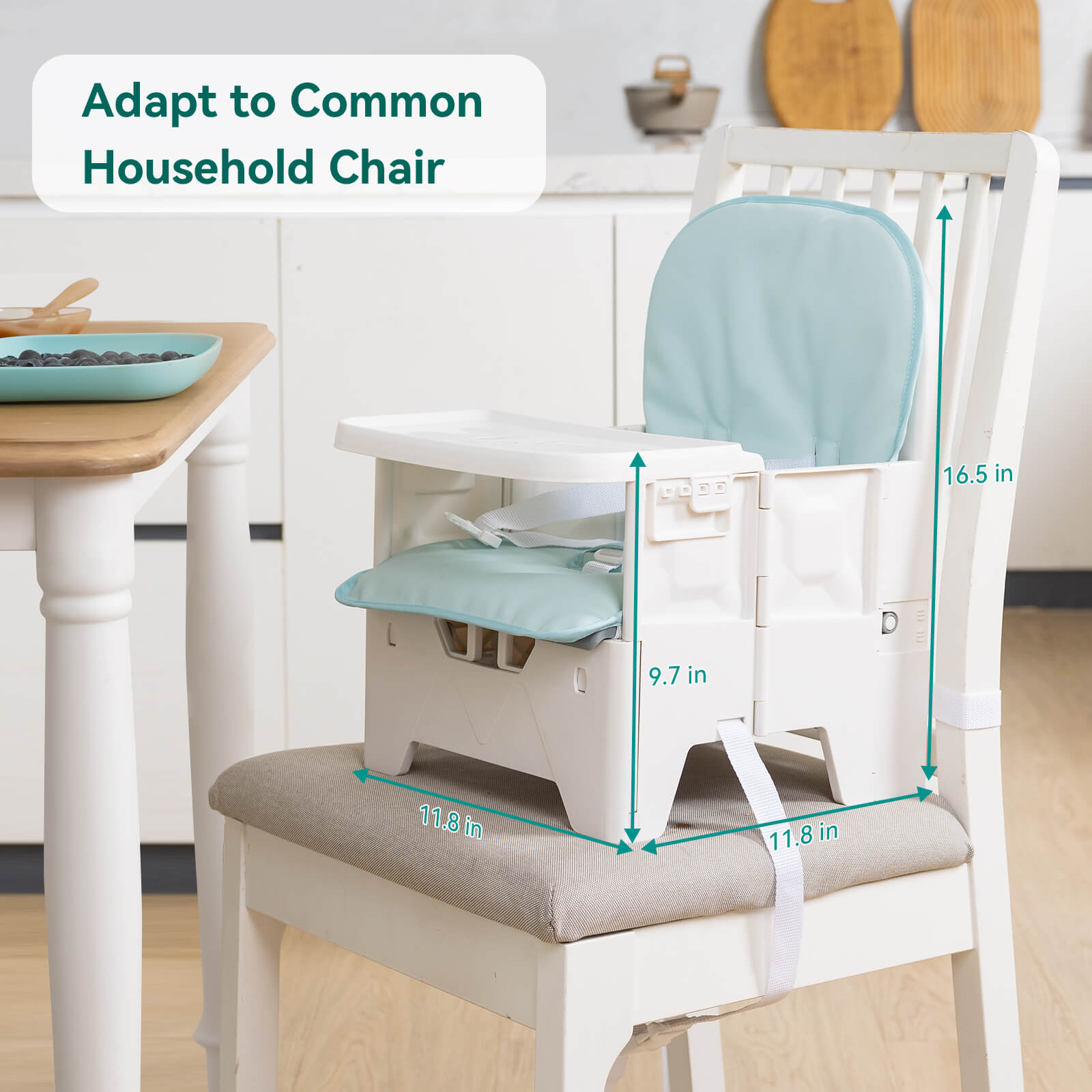 Babelio baby travel chair with blue cushion on kitchen chair, compact folding floor seat