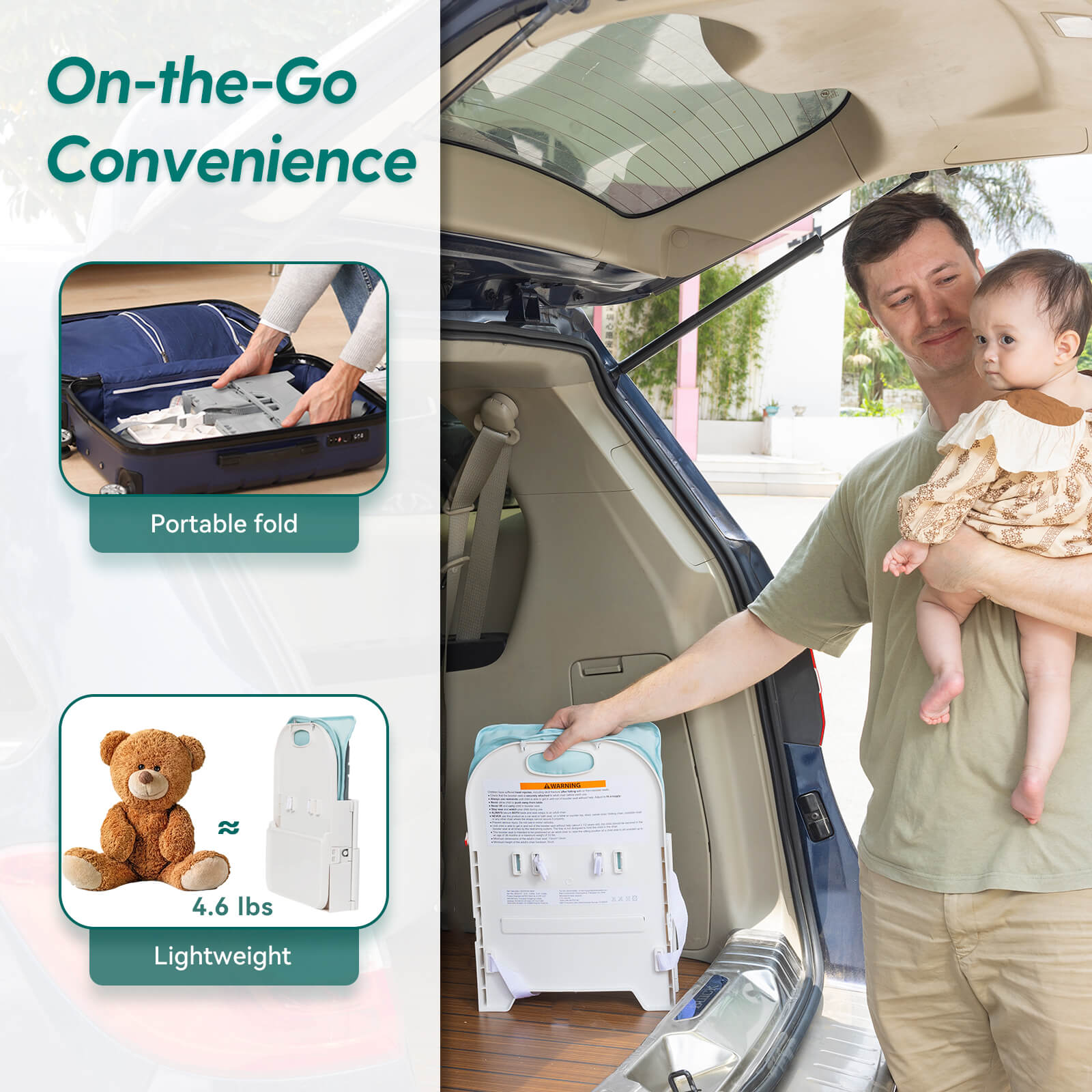 Babelio compact folding travel baby chair with PU waterproof cushion shown in car trunk