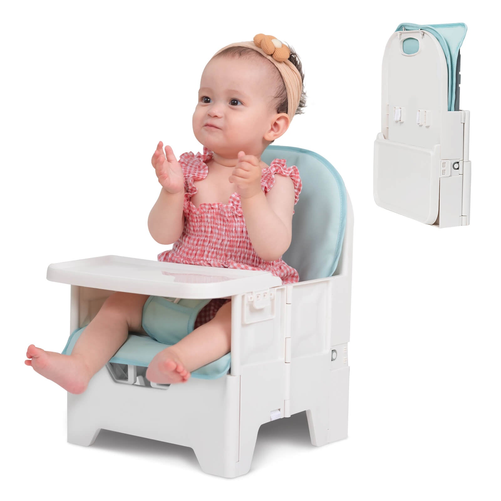 Babelio compact folding travel baby chair with tray, shown in use by infant, indoor setting