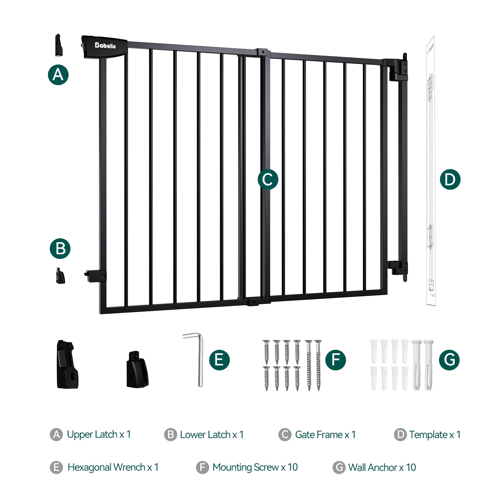 Complete hardware-mounted baby gate installation kit including gate frame, wall anchors, mounting screws, and latches, designed for easy setup and secure fitting, from the Boundless S12 series by Babelio.