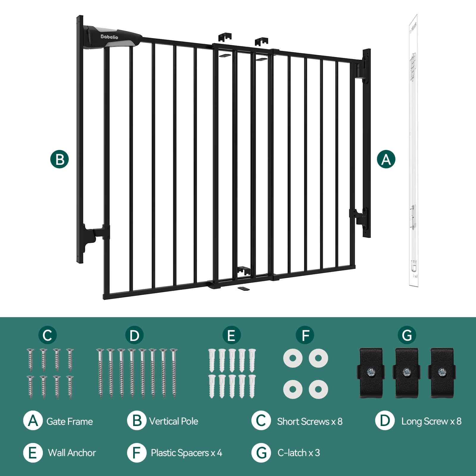 Baby gate installation kit with labeled parts and detailed assembly components, including frame, poles, screws, wall anchors, and latches, designed for easy setup and stable mounting, from the Boundless D8 series by Babelio.
