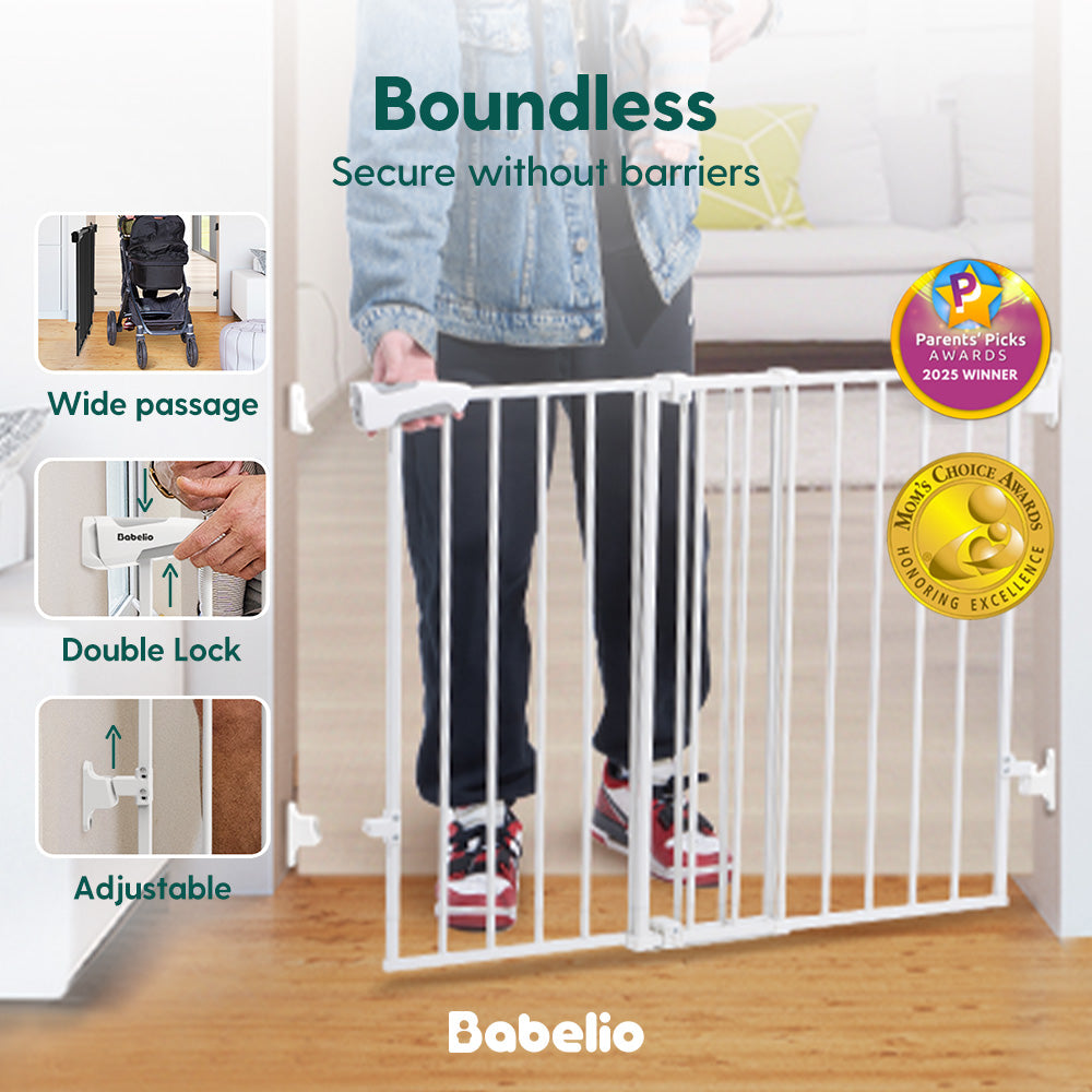 Adjustable baby gate with wide passage and double lock features, safe walk-through design with no bottom bar for children and pets, Babelio Boundless B17