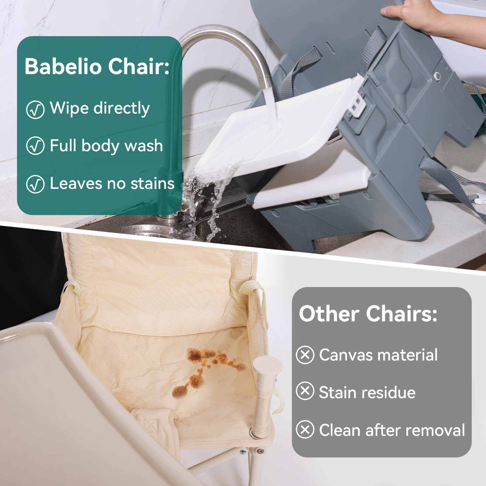 Babelio baby booster chair being washed in a kitchen sink, compared to a stained fabric chair.