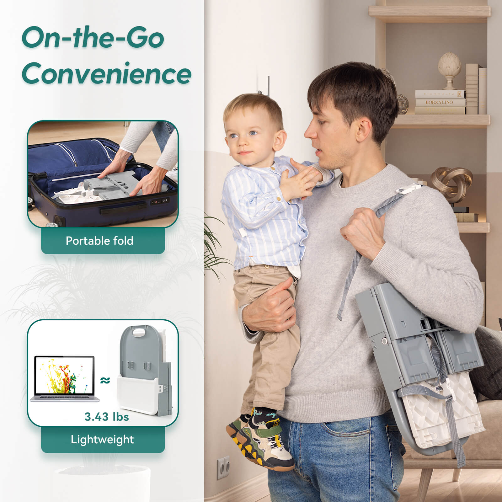 Father carrying Babelio portable baby safety gate and toddler in living room, showcasing lightweight foldable design.