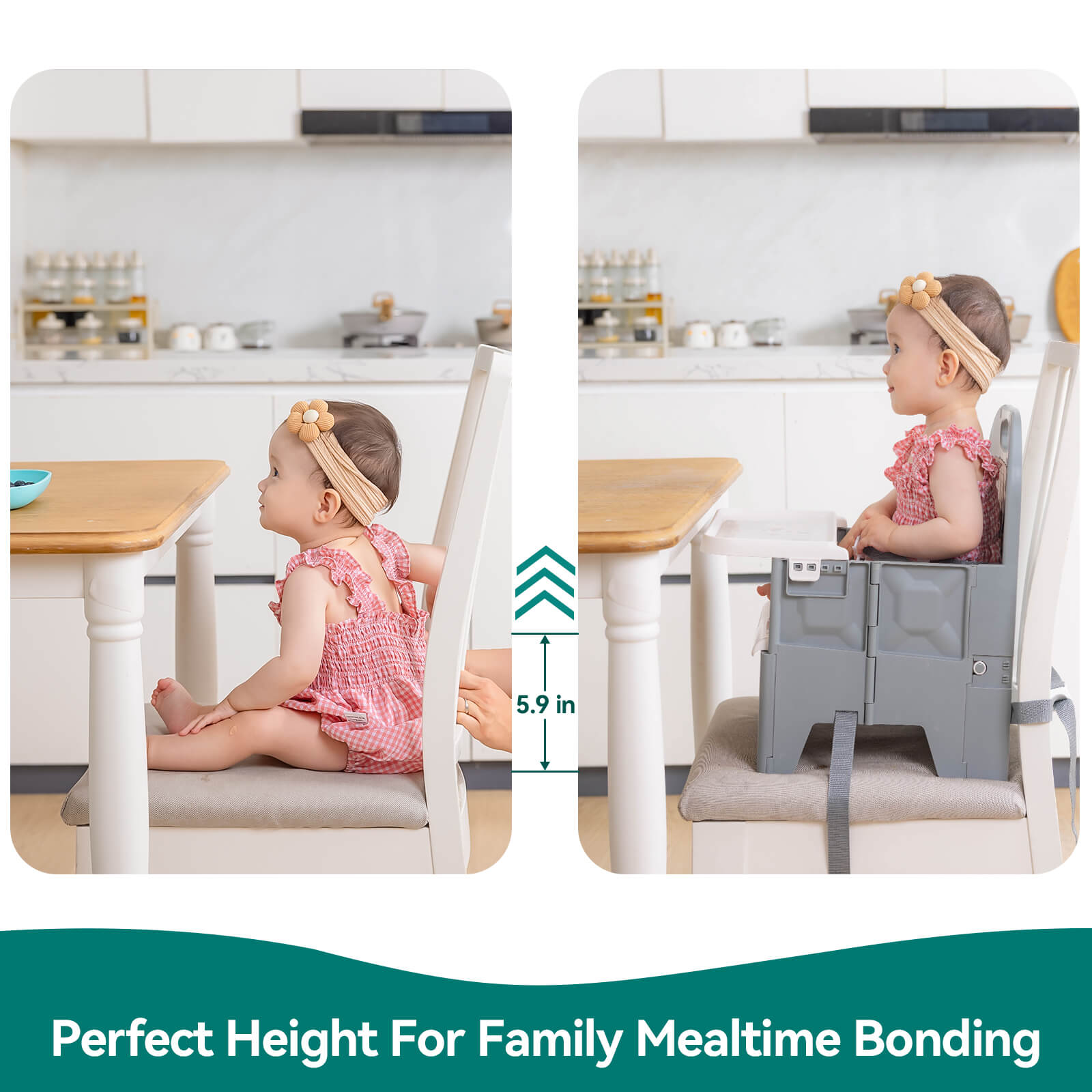 Babelio baby booster seat in kitchen, raising a toddler to table height for mealtime.