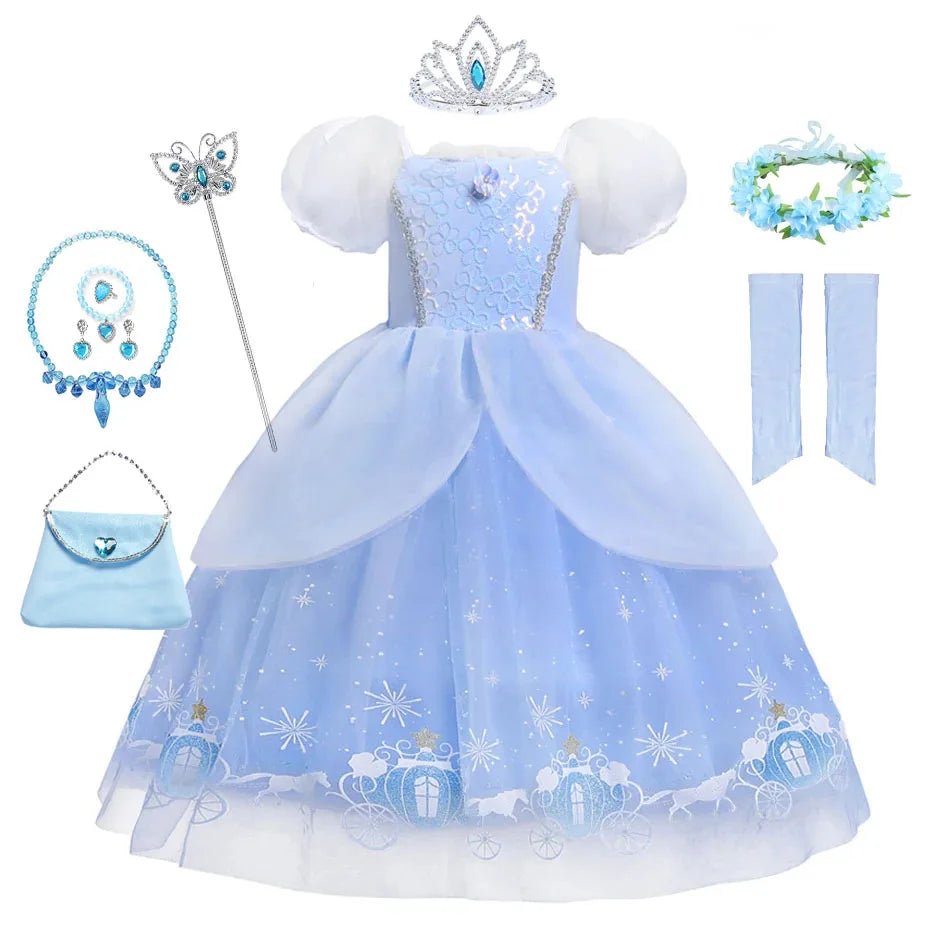Blue Fairytale Princess Dress for Girls — Ball Gown with Puff Sleeves & Sequins - babeliobaby - Cinderella 5 - 9 - 10T(Size 150 )