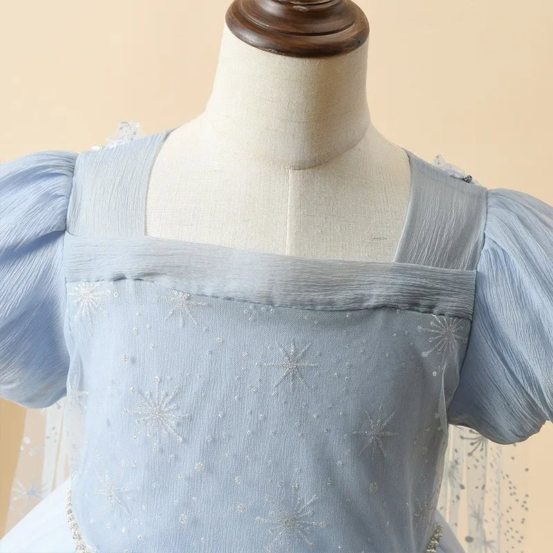 Blue Princess Dress for Girls — Short Sleeve, Pleated Tulle, Ankle - Length - babeliobaby - Beige - 100cm