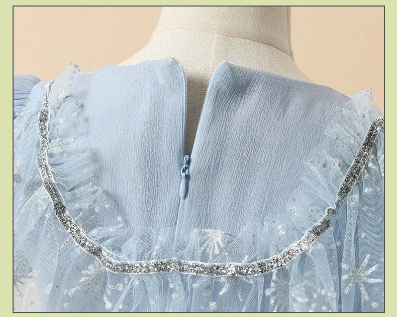 Blue Princess Dress for Girls — Short Sleeve, Pleated Tulle, Ankle - Length - babeliobaby - Beige - 100cm