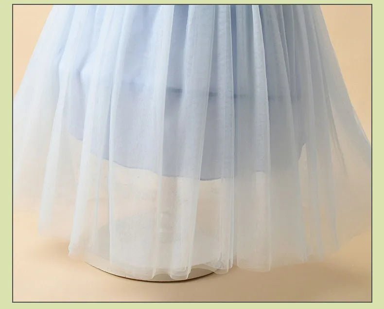 Blue Princess Dress for Girls — Short Sleeve, Pleated Tulle, Ankle - Length - babeliobaby - Beige - 100cm