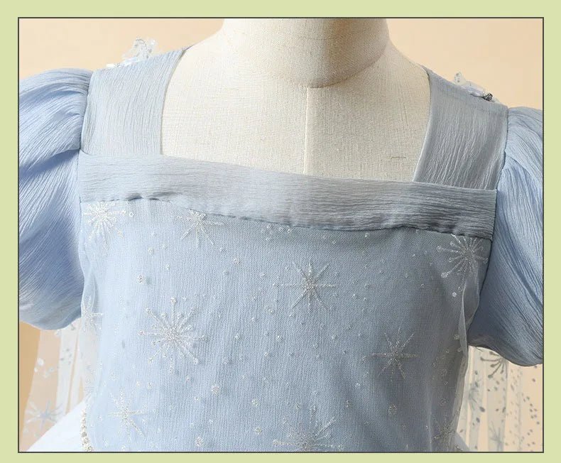 Blue Princess Dress for Girls — Short Sleeve, Pleated Tulle, Ankle - Length - babeliobaby - Beige - 100cm