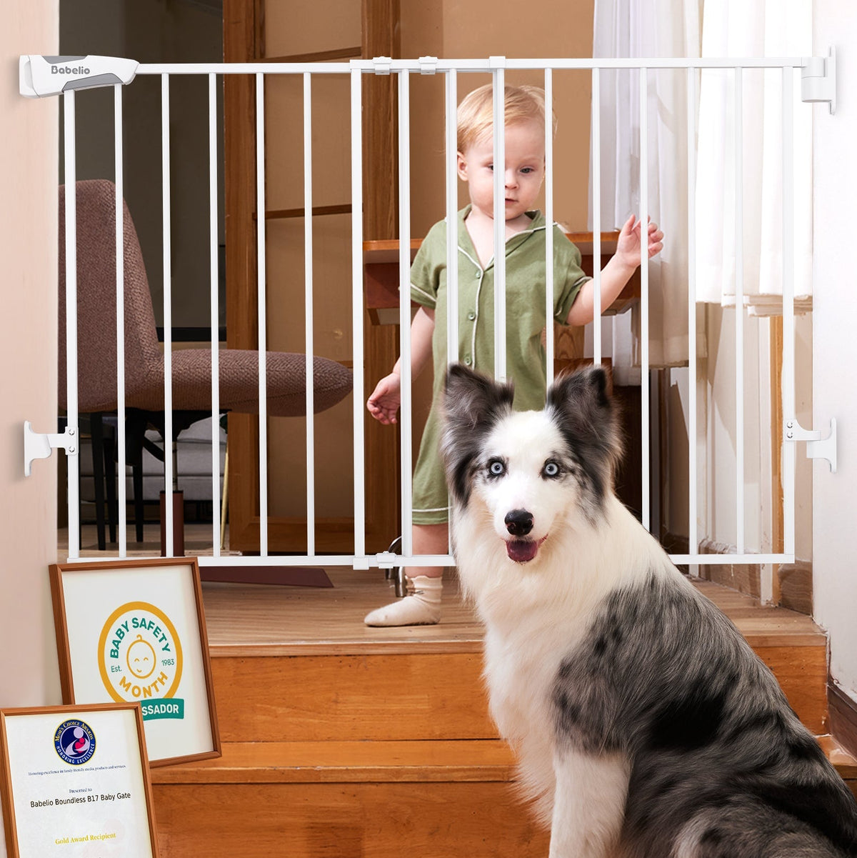 Babelio baby safety gate for stairs in a home, with child and dog separated by the gate