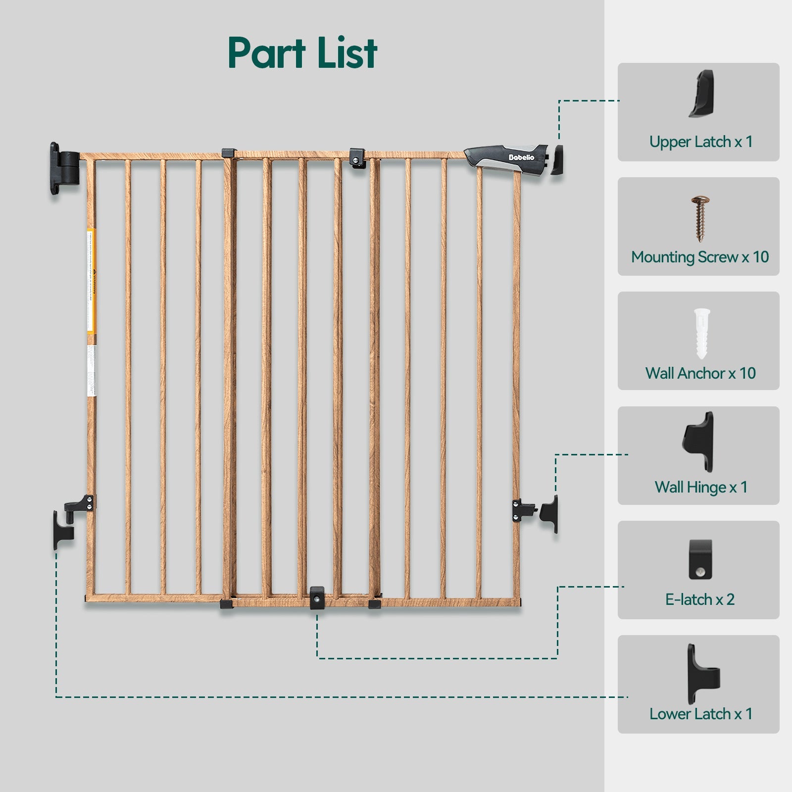 Babelio baby safety gate wood pattern with hardware parts for stairs, shown against neutral wall.