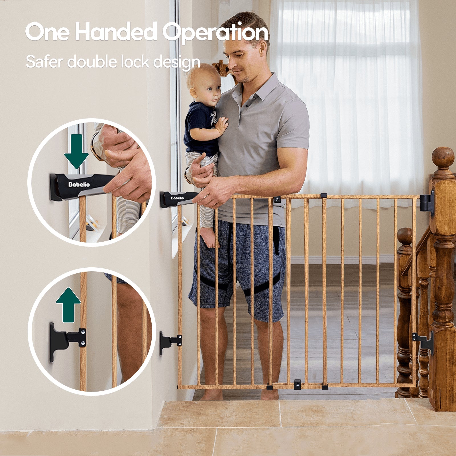 Babelio baby safety gate with wood pattern installed at staircase; parent holding baby nearby.