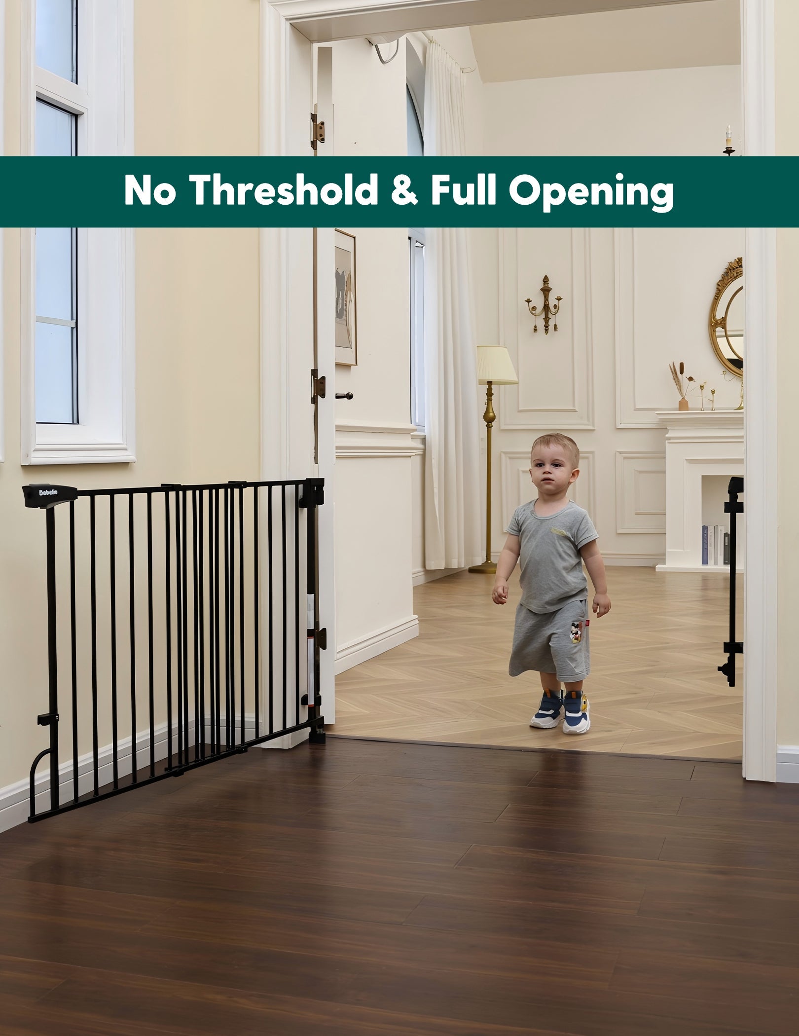 Babelio baby safety gate installed in a living room doorway with a toddler nearby