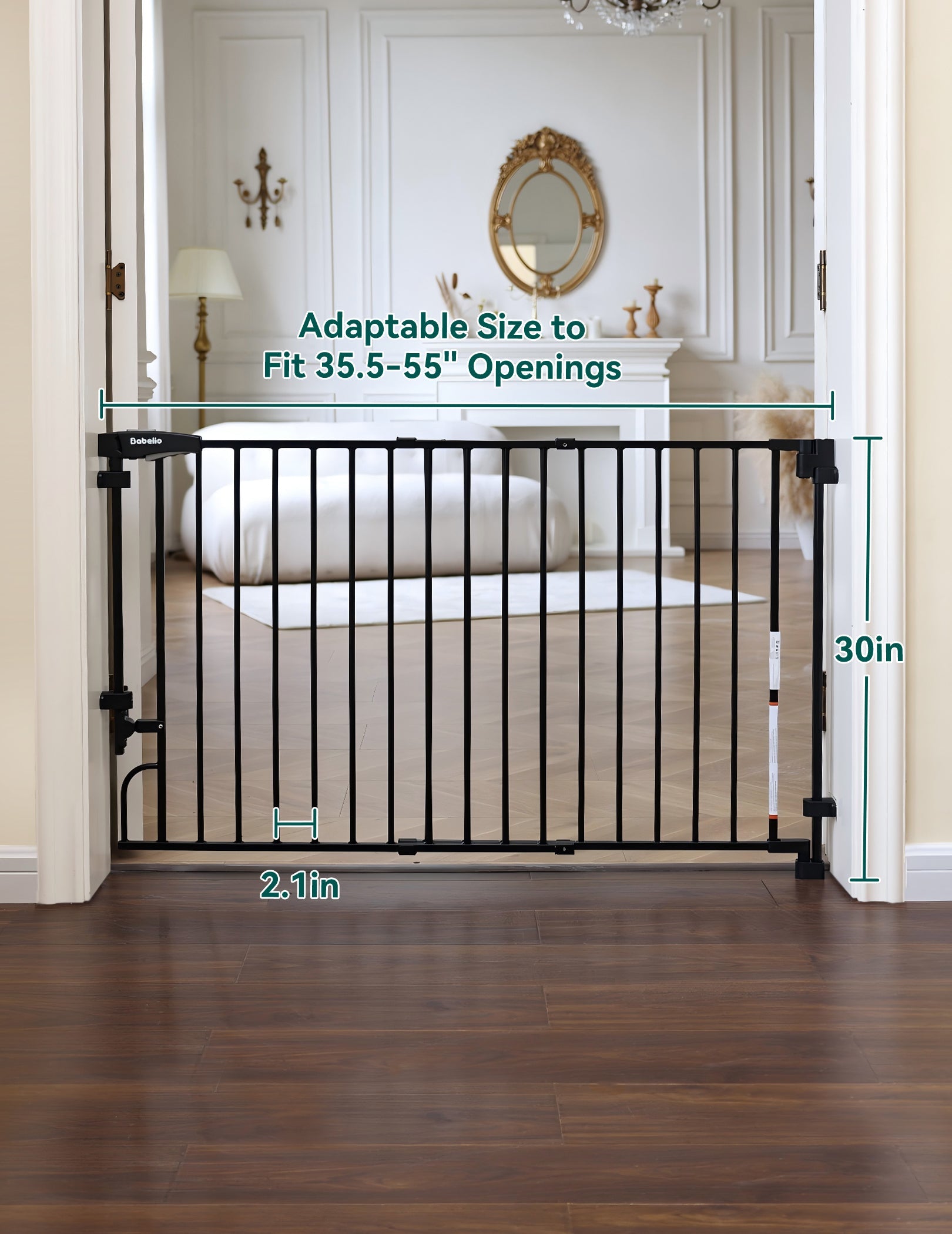 Babelio black baby safety gate for stairs and doorways, shown in elegant bedroom setting.