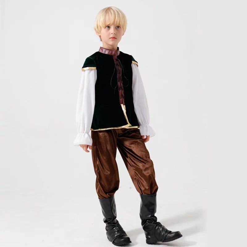 Boys Medieval Prince Costume — European Renaissance Outfit with Top, Pants & Boots - babeliobaby - S 105 - 120cm - 
