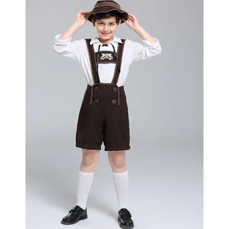 Boys Oktoberfest Costume — Bavarian Lederhosen Set with Hat, Shirt & Suspender Pants - babeliobaby - Brown - XS（old）