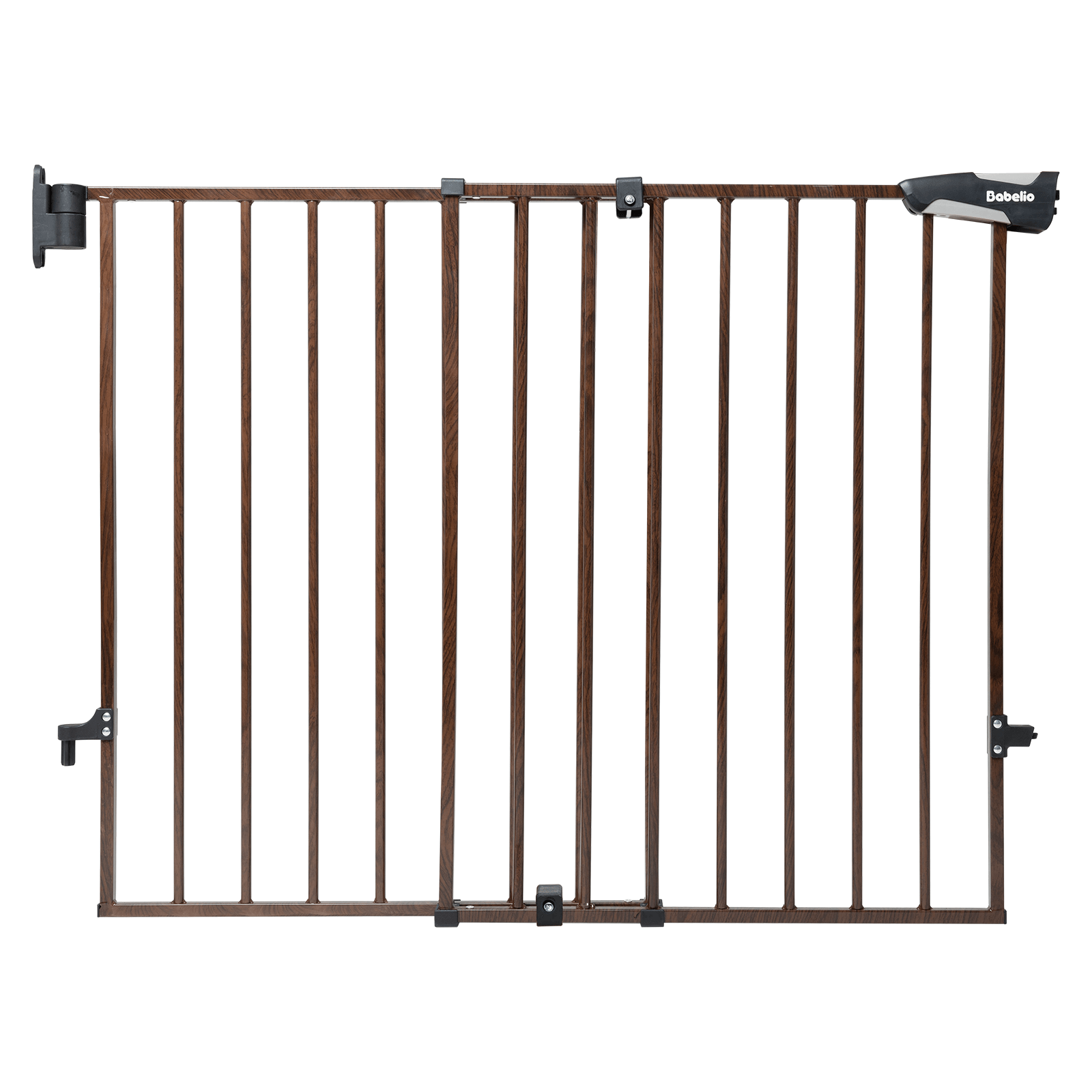 Brown wood pattern adjustable baby gate for stairs and doorways, durable alloy frame with auto-close design and double lock for baby and pet safety, Babelio Boundless B17 safety gate