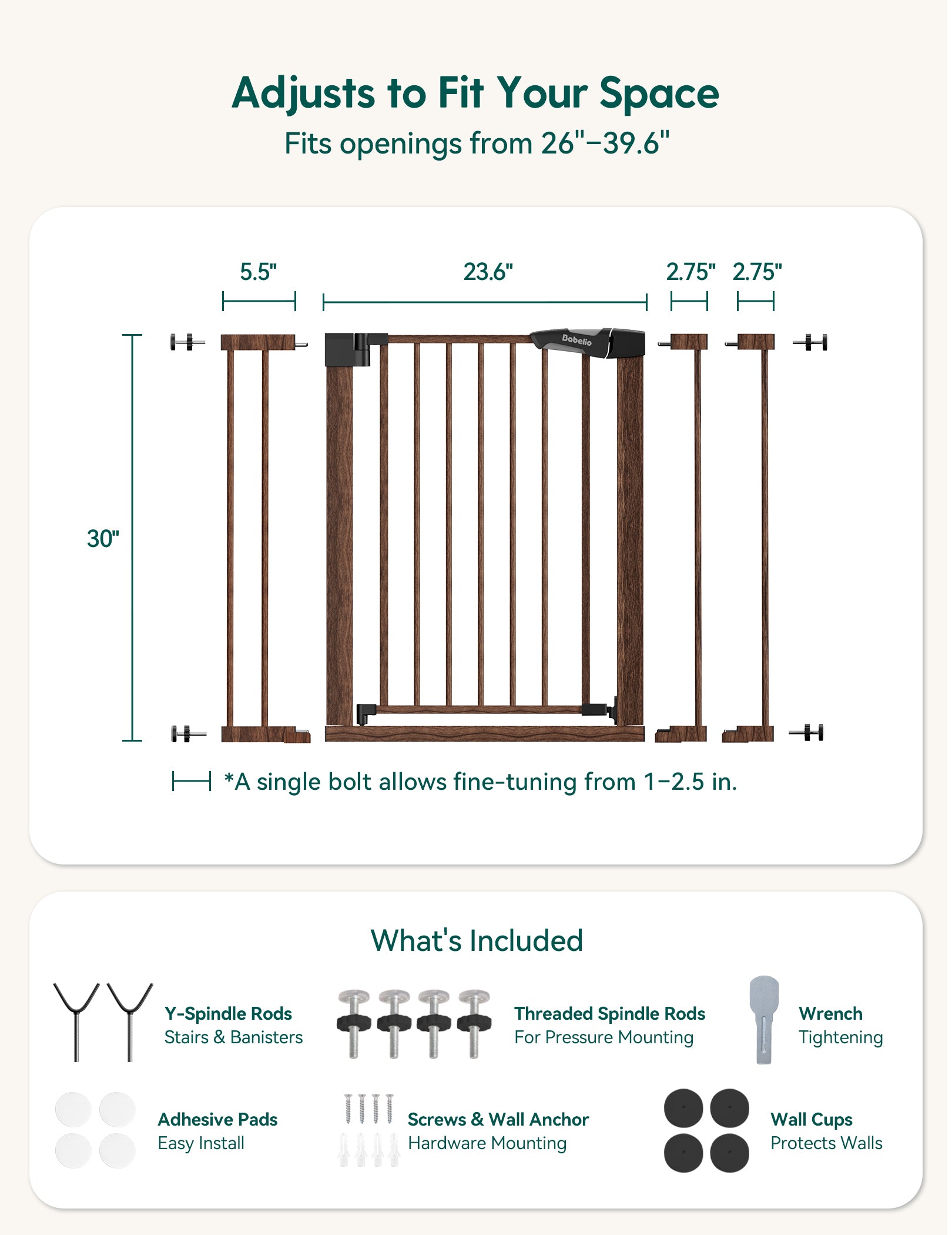 Dimensions and features of a adjustable baby gate with hardware included. #Color_Brown Wood Pattern