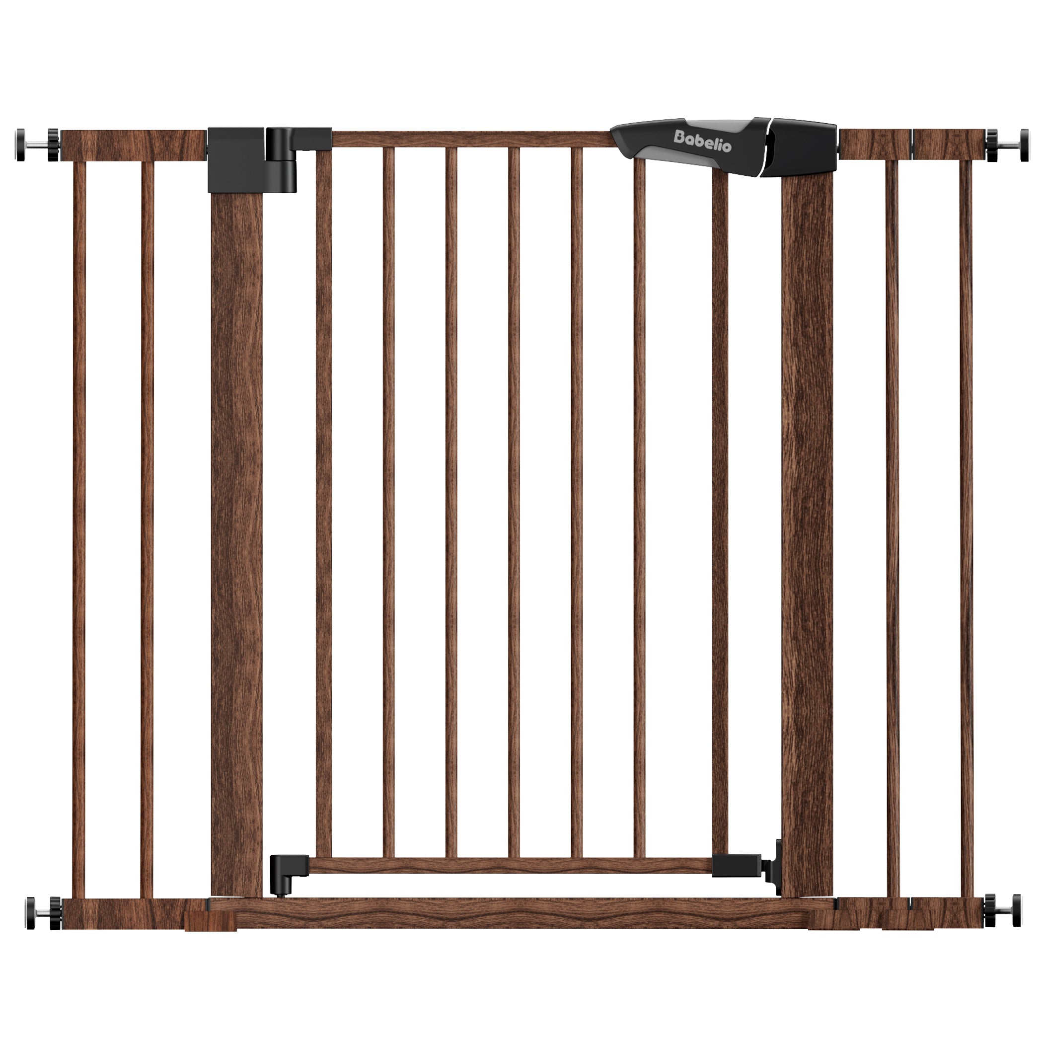 Wooden baby gate with black on a white background