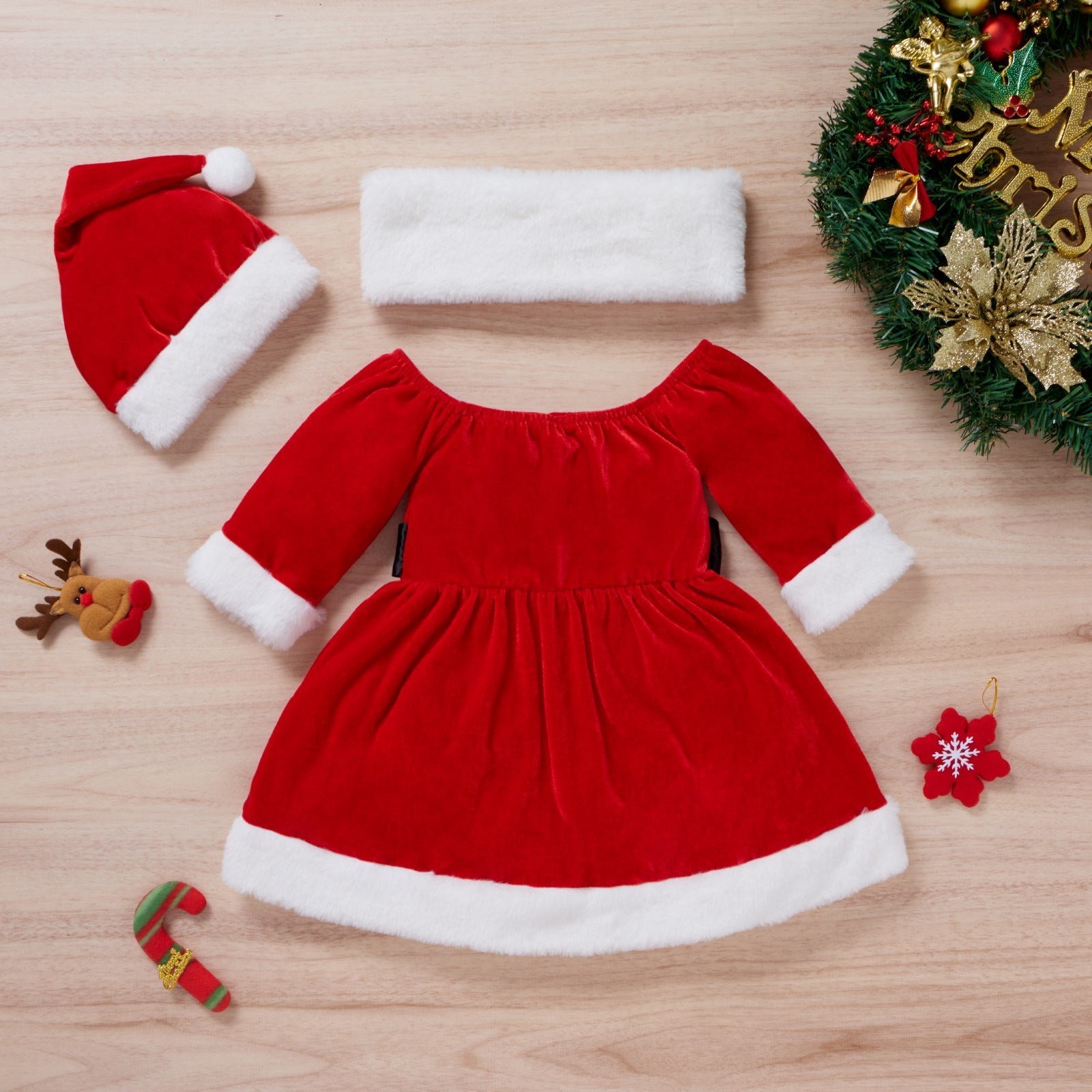 Tiny Cuddling Toddler Baby Girls Christmas Clothes Set Dress Hat  Scarf