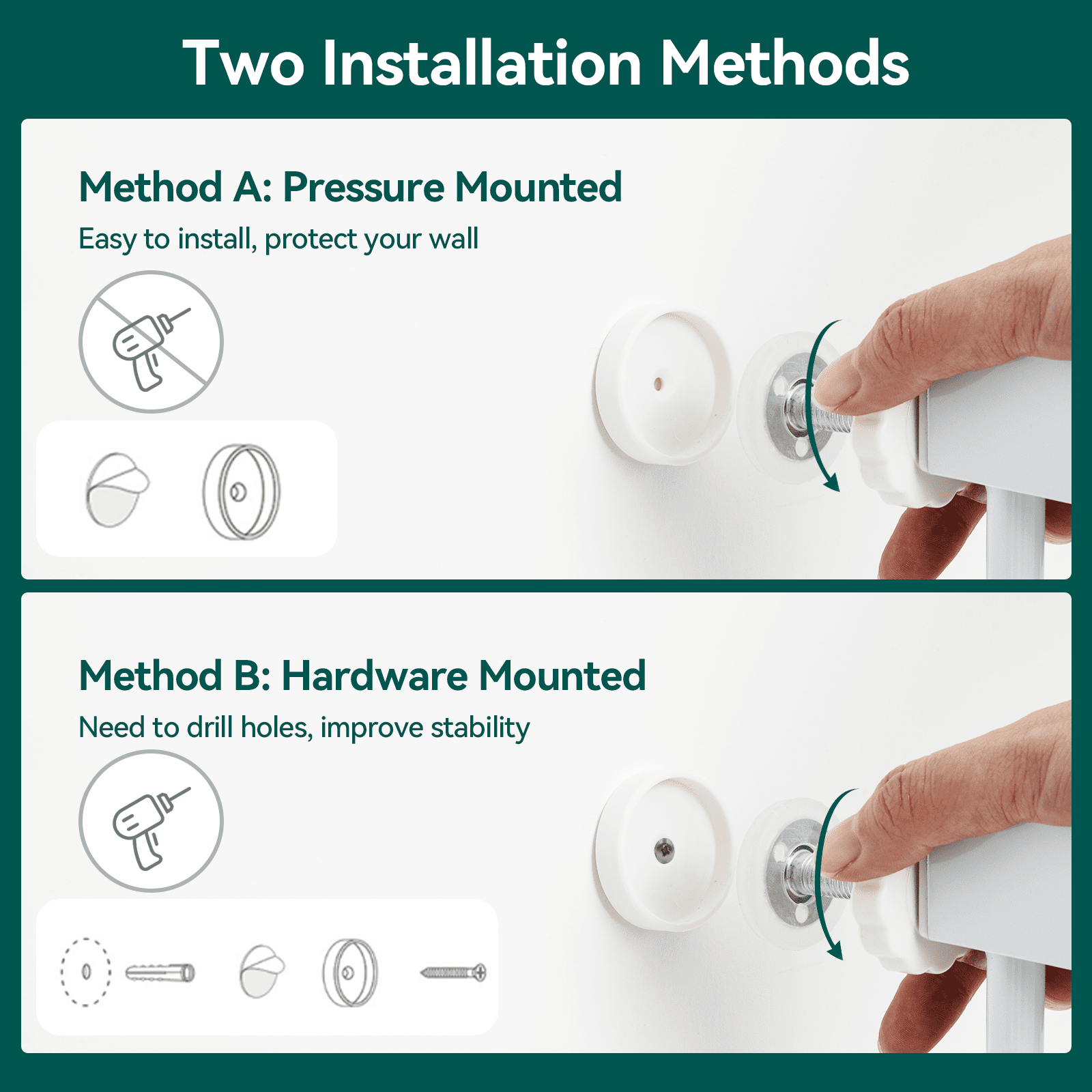 Babelio baby safety gate installation guide showing pressure and hardware mount methods.