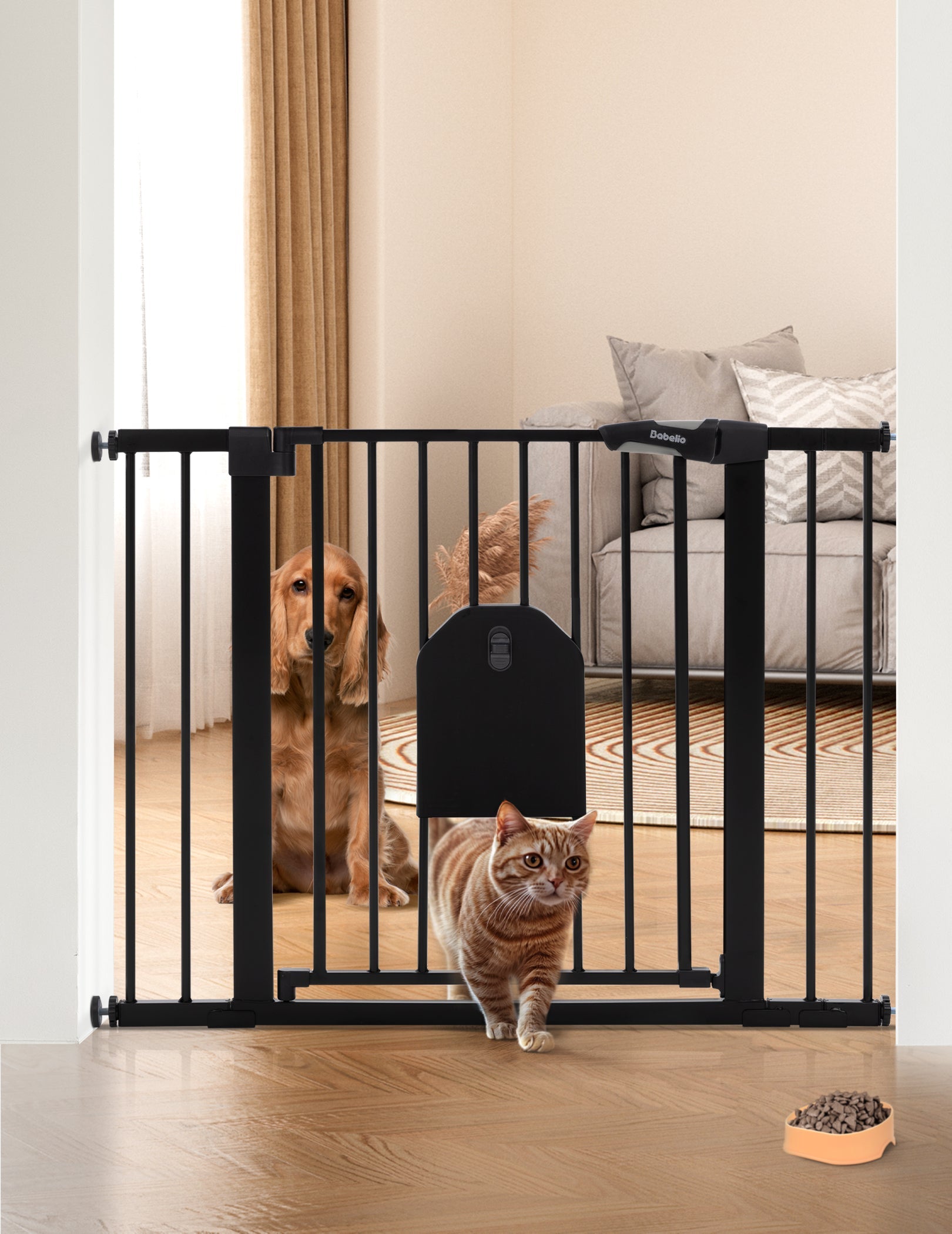 Babelio black baby safety gate with lockable pet door in a living room, dog behind, cat passing through.