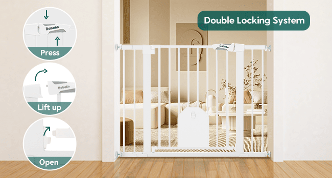 Babelio baby safety gate with lockable pet door and double locking system in living room