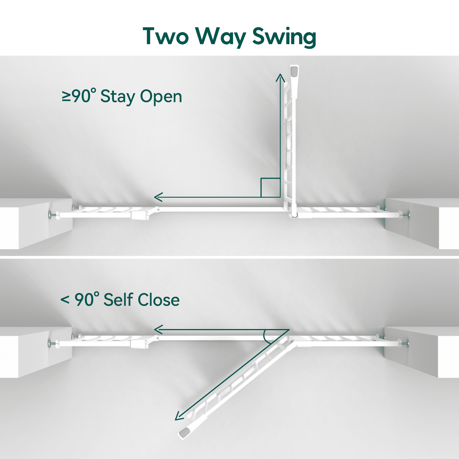 Babelio baby safety gate with two-way swing feature, shown in a neutral room setting.
