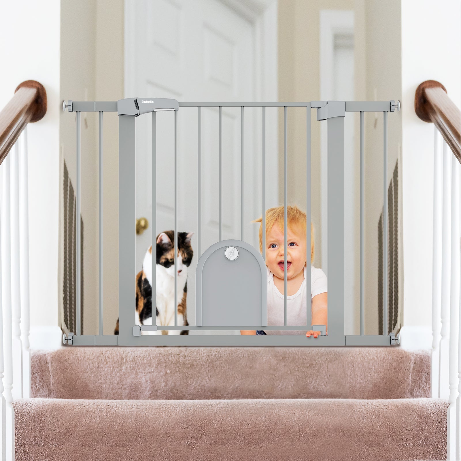 Babelio baby safety gate with lockable pet door on staircase, baby and cat in hallway