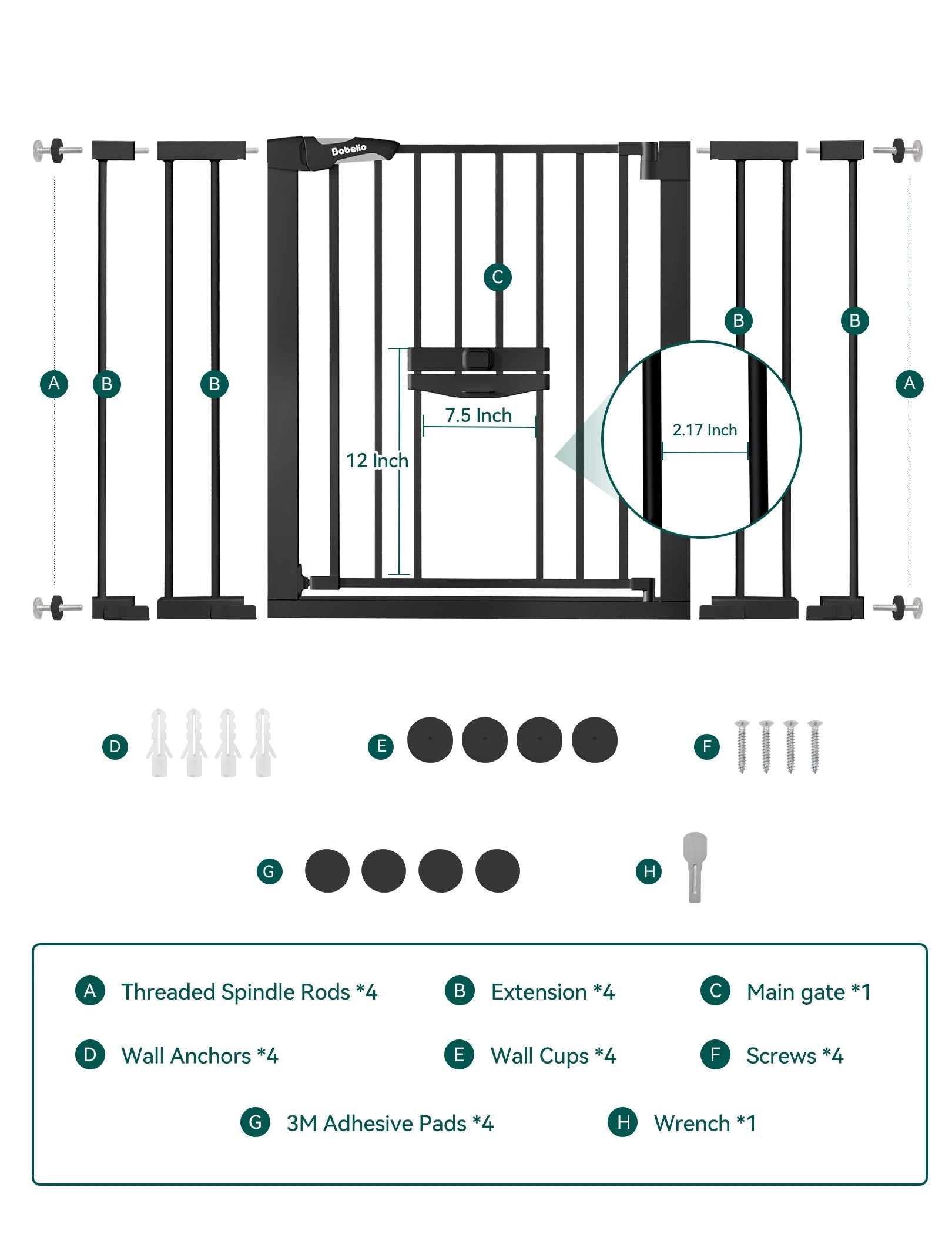 Babelio black expandable baby safety gate kit with adjustable cat door and accessories.
