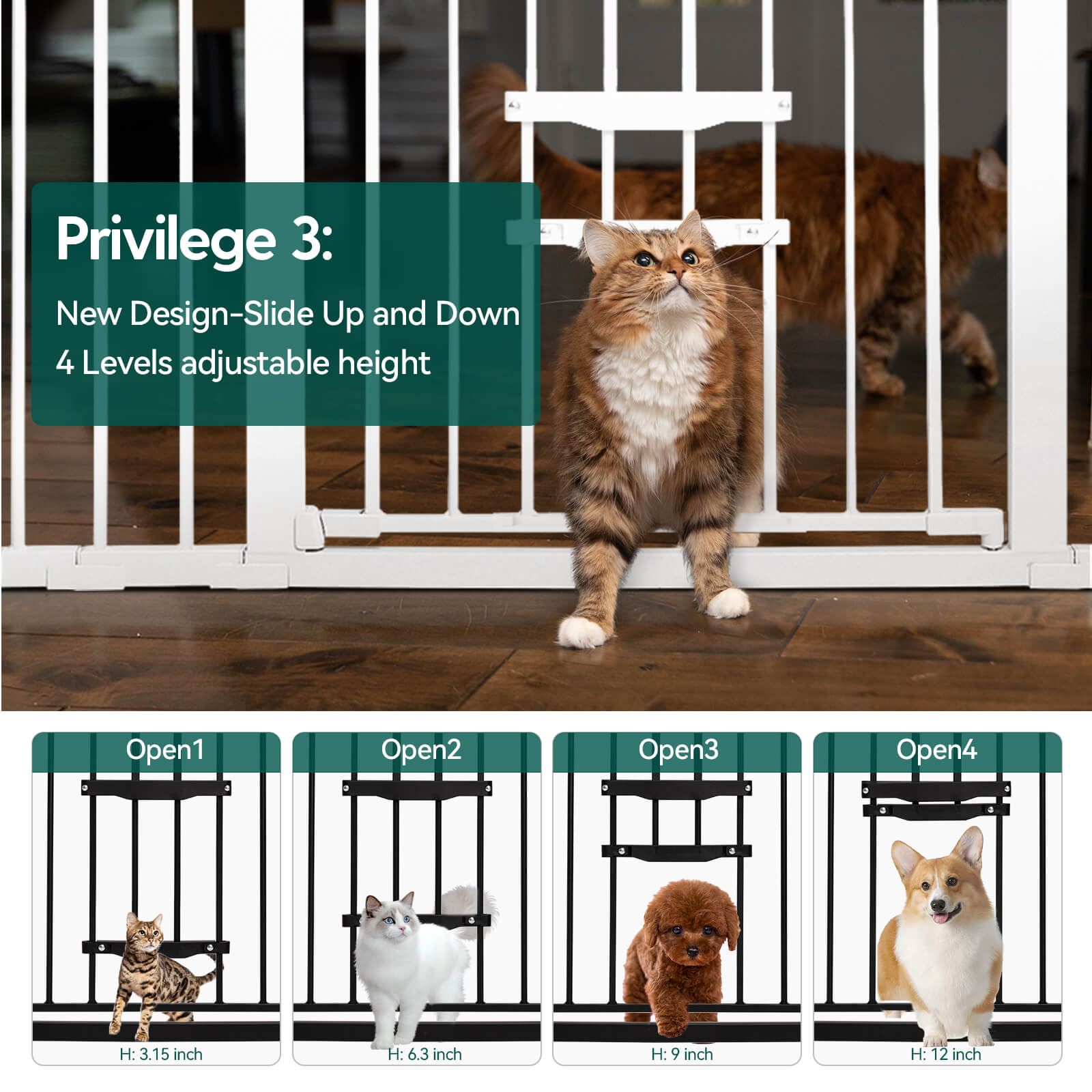 CatPrivilege F7 | Expandable Baby and Pet Gate with Adjustable Cat Door - babeliobaby - White - 29 - 40" Wide 30'' Tall