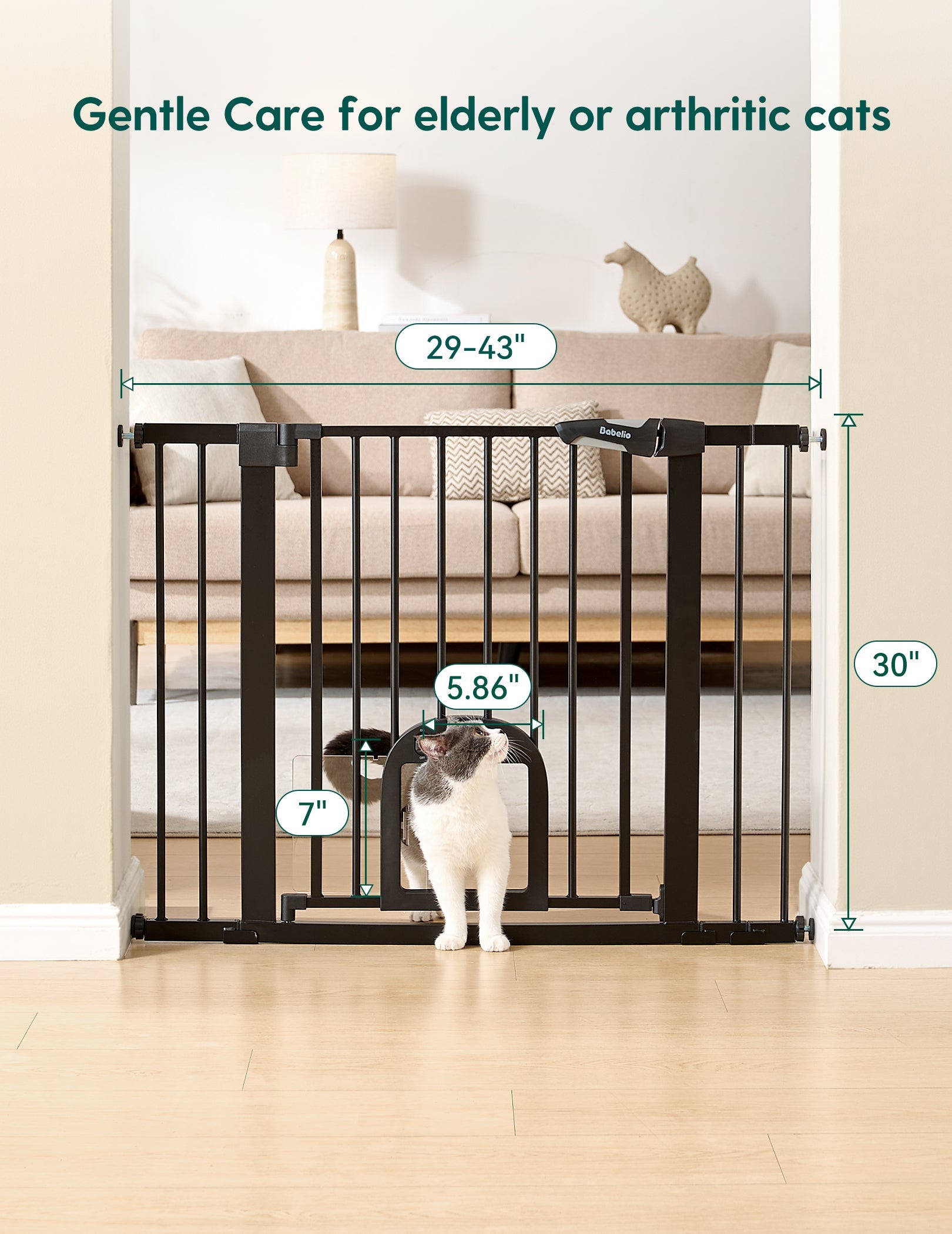 Babelio baby safety gate with built-in cat door in a living room setting
