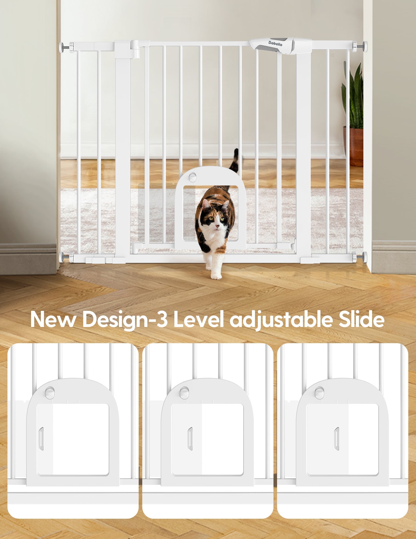 Babelio white baby safety gate with cat door in modern living room, adjustable slide design